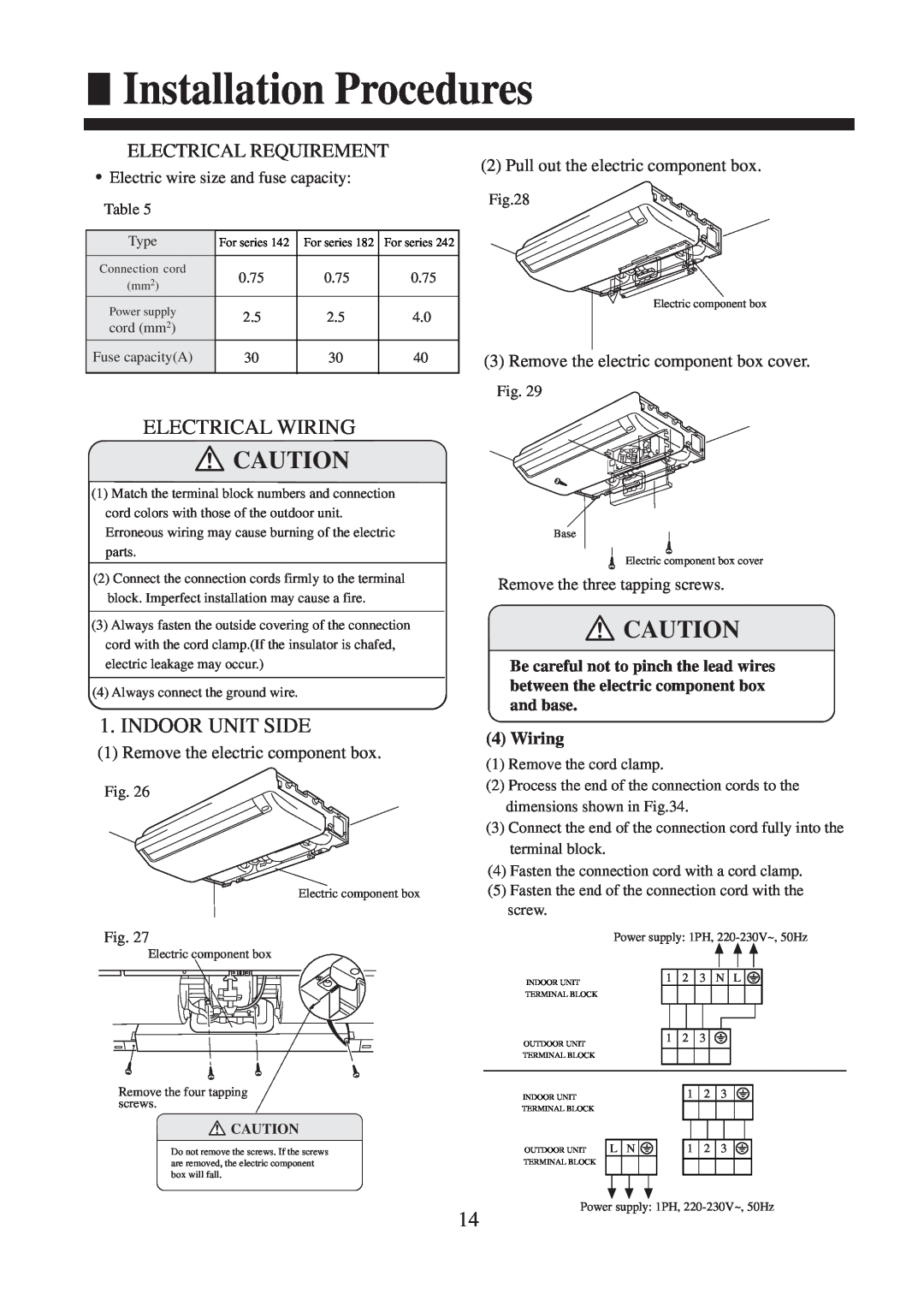 Haier AC182ACEAA, AC142ACERA Installation Procedures, Electrical Wiring, Indoor Unit Side, Electrical Requirement 
