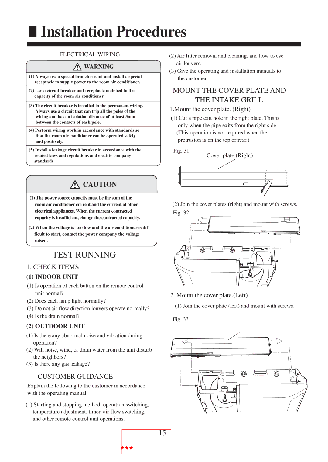 Haier AC242ACERA, AC182ACERA Mount the Cover Plate Intake Grill, Check Items, Customer Guidance, Electrical Wiring 