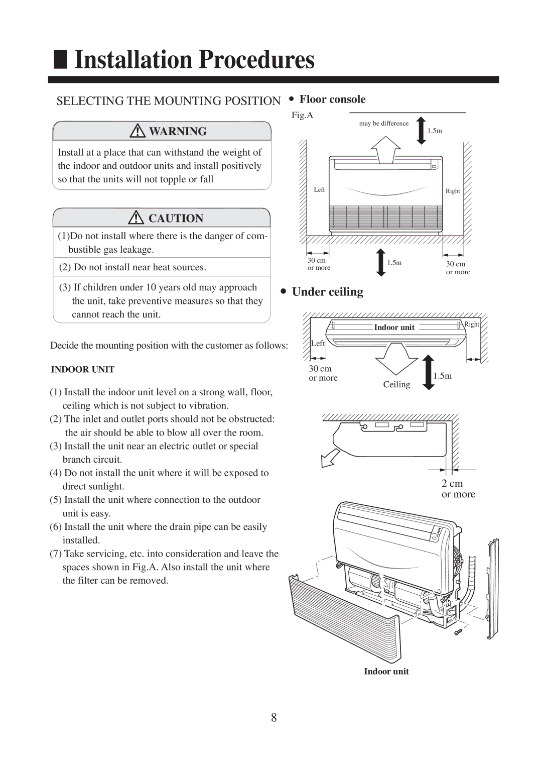 Haier AC182XCERA, AC142XCERA operation manual Installation Procedures, Selecting the Mounting Position Floor console 