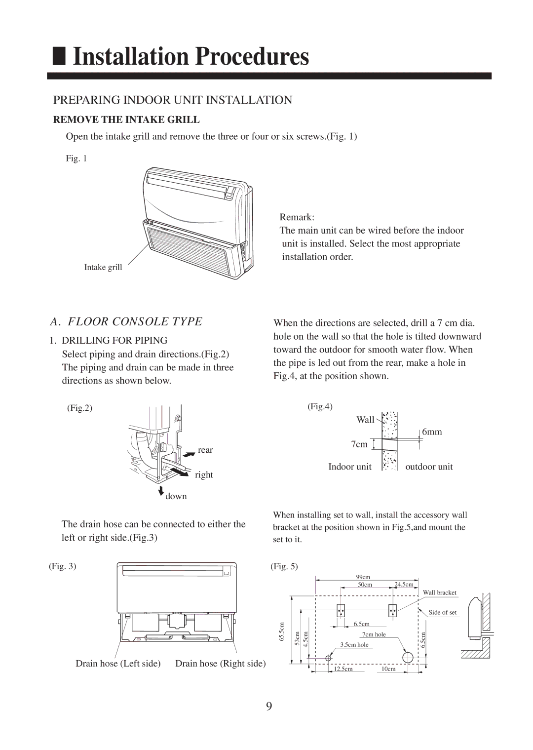 Haier AC142XCERA, AC182XCERA operation manual Preparing Indoor Unit Installation, Drilling for Piping 