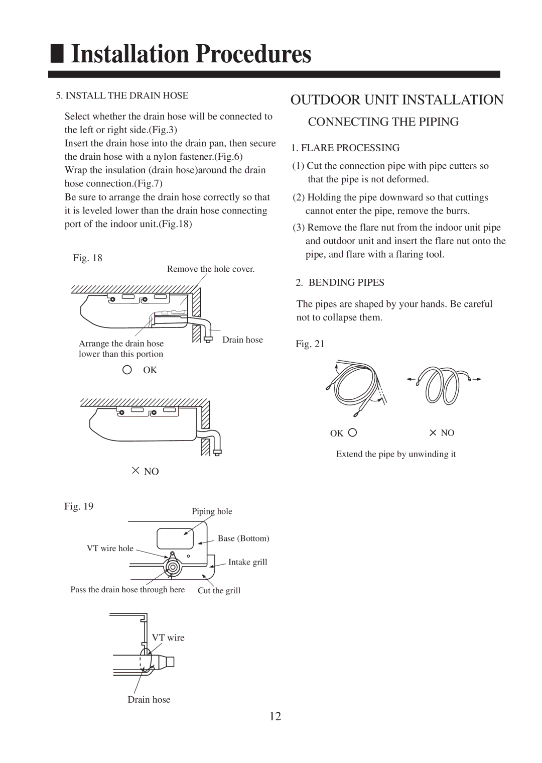 Haier AC182XCERA, AC142XCERA operation manual Connecting the Piping, Install the Drain Hose, Flare Processing, Bending Pipes 