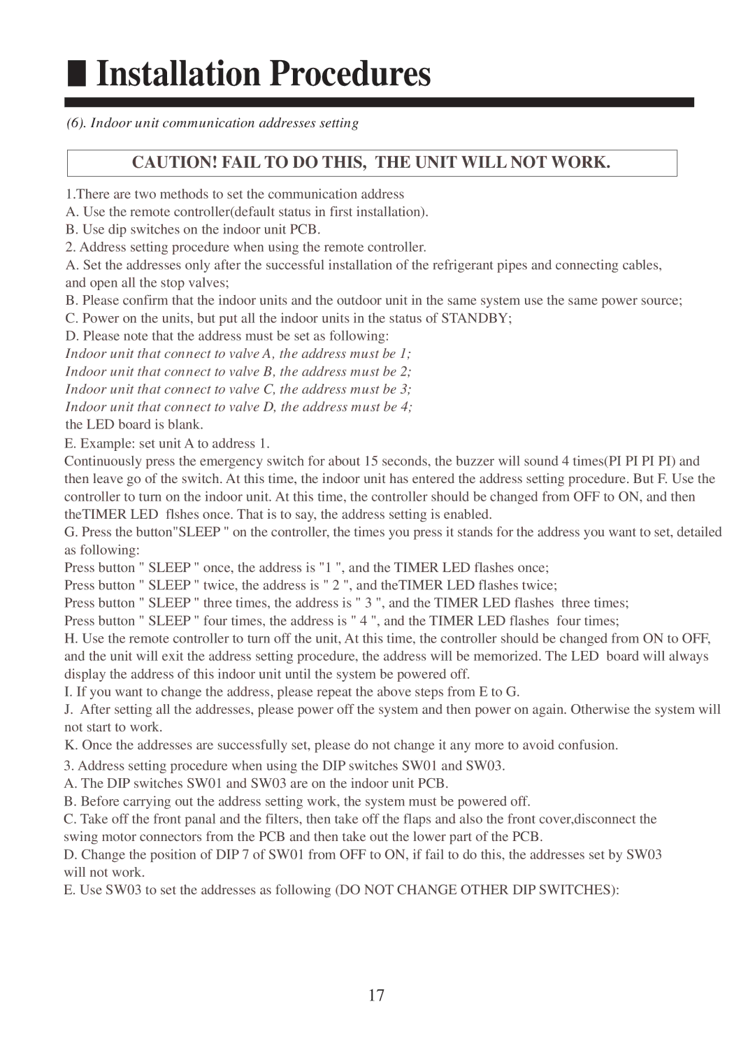 Haier AC142XCERA, AC182XCERA operation manual Indoor unit communication addresses setting 