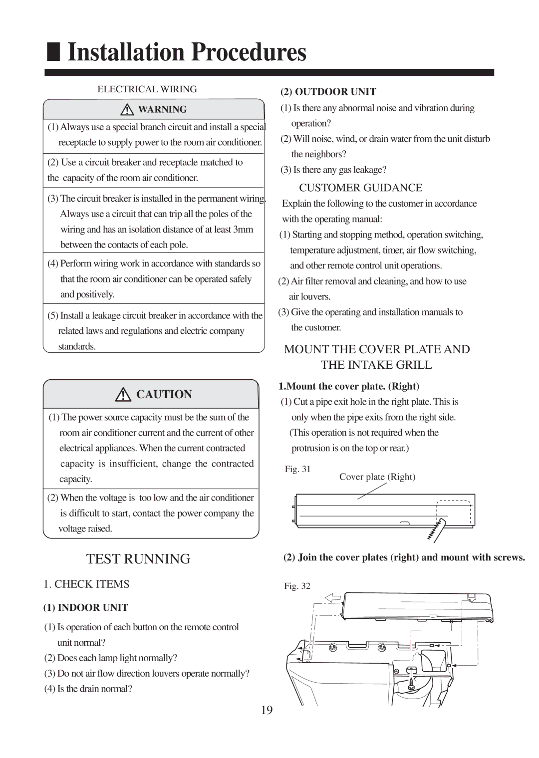 Haier AC142XCERA, AC182XCERA operation manual Mount the Cover Plate Intake Grill, Electrical Wiring 