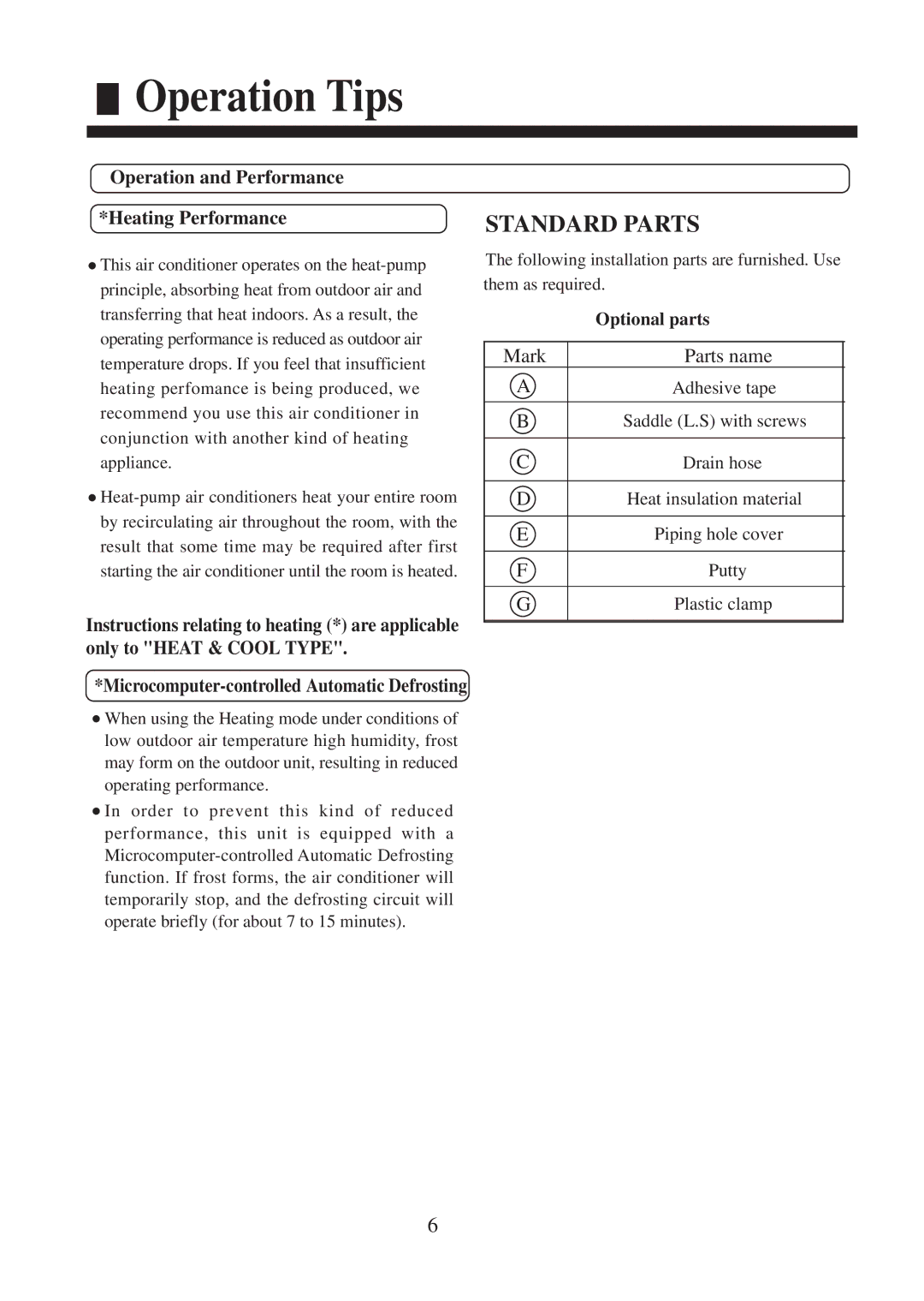 Haier AC182XCERA, AC142XCERA operation manual Operation Tips, Operation and Performance Heating Performance 