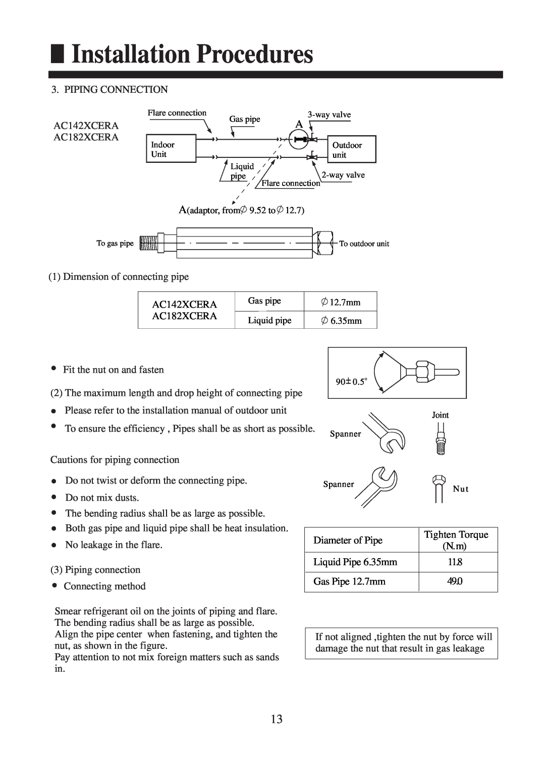Haier AC142XCERA, AC182XCERA operation manual Installation Procedures, Piping Connection 