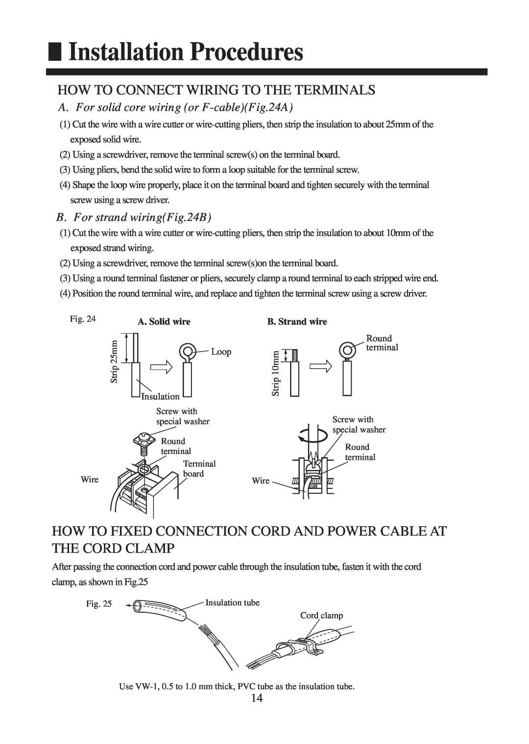 Haier AC182XCERA How To Connect Wiring To The Terminals, A.For solid core wiring or F-cableFig.24A, B. Strand wire 