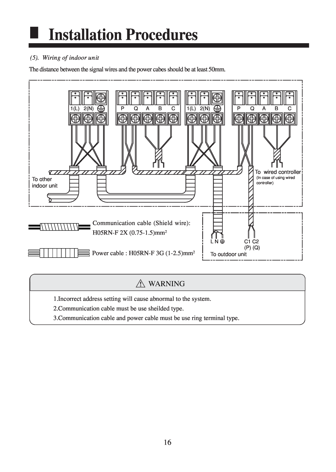 Haier AC182XCERA, AC142XCERA operation manual Installation Procedures, Wiring of indoor unit 