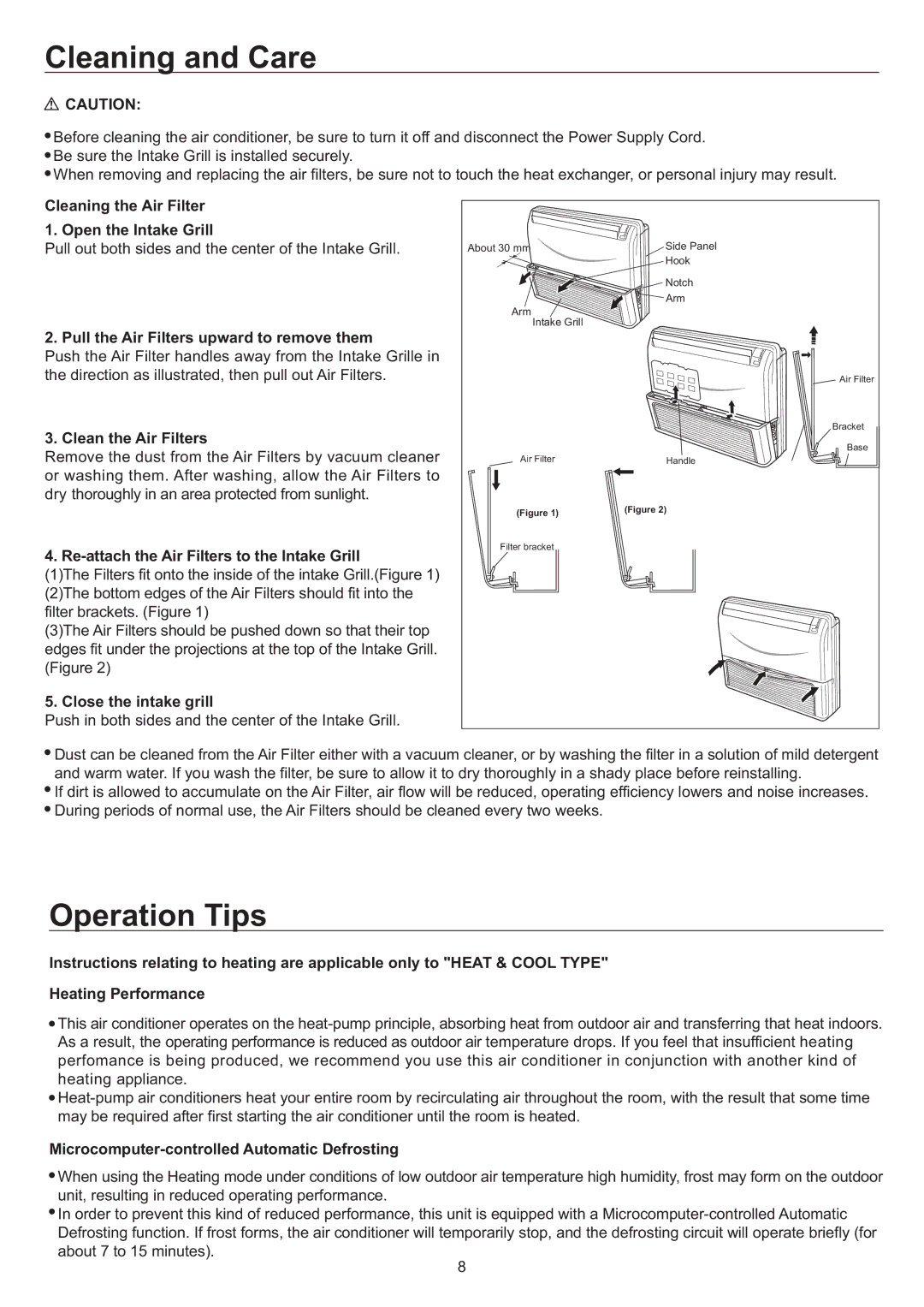 Haier AC24CS1ERA, AC18CS1ERA Cleaning the Air Filter Open the Intake Grill, Pull the Air Filters upward to remove them 