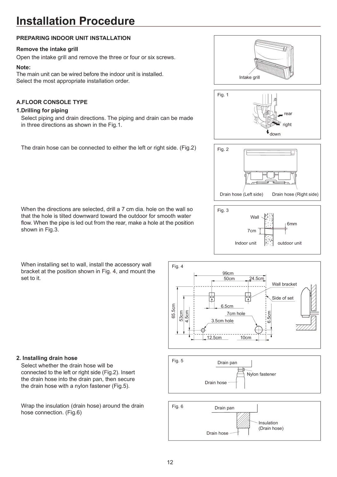 Haier AC12CS1ERA, AC18CS1ERA Remove the intake grill, Floor Console Type 1.Drilling for piping, Installing drain hose 