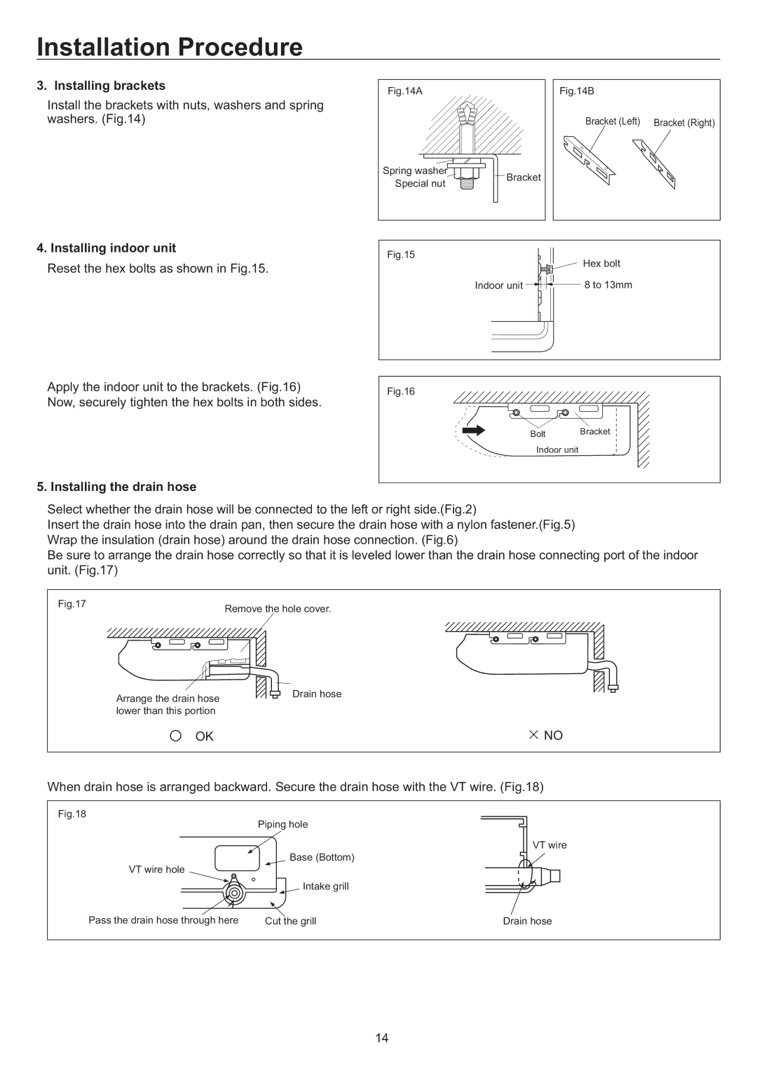 Haier AC24CS1ERA, AC18CS1ERA, AC12CS1ERA Installing brackets, Installing indoor unit, Installing the drain hose 