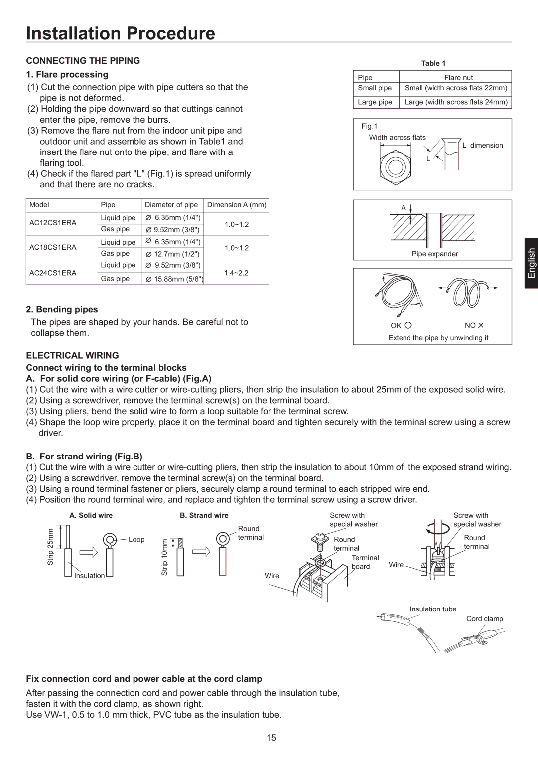 Haier AC12CS1ERA, AC18CS1ERA, AC24CS1ERA operation manual Flare processing, Bending pipes, For strand wiring Fig.B 