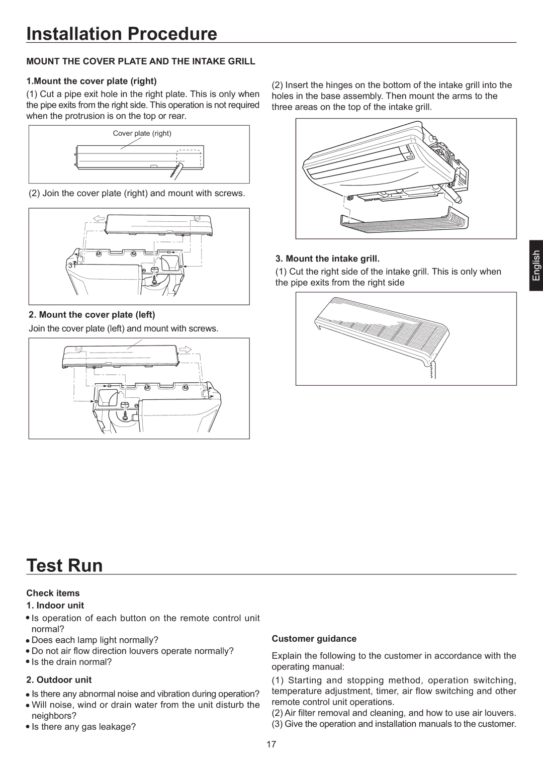 Haier AC24CS1ERA Mount the cover plate right, Mount the cover plate left, Mount the intake grill, Customer guidance 