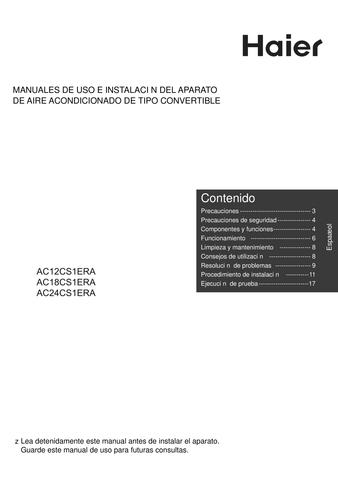 Haier AC12CS1ERA, AC18CS1ERA, AC24CS1ERA operation manual Contenido 