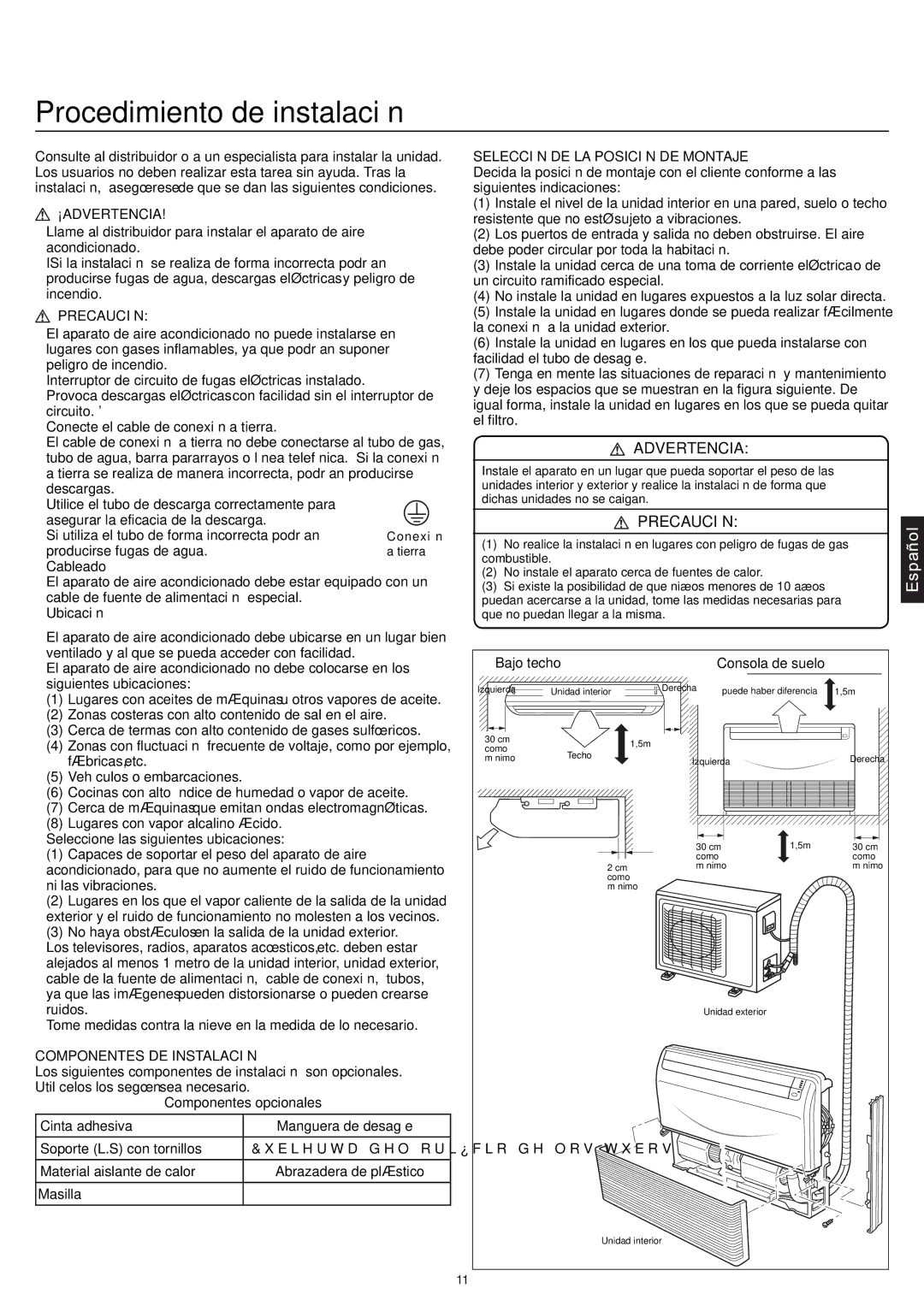 Haier AC18CS1ERA, AC24CS1ERA Procedimiento de instalación, Advertencia, Cableado, Ubicación, Bajo techo Consola de suelo 