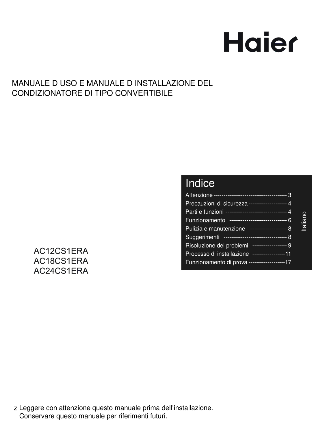 Haier AC24CS1ERA, AC18CS1ERA, AC12CS1ERA operation manual Indice 