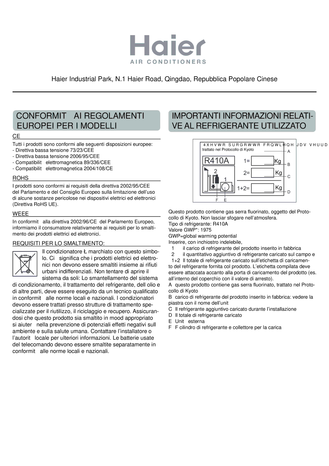 Haier AC12CS1ERA, AC18CS1ERA, AC24CS1ERA operation manual Conformità AI Regolamenti Europei PER I Modelli 