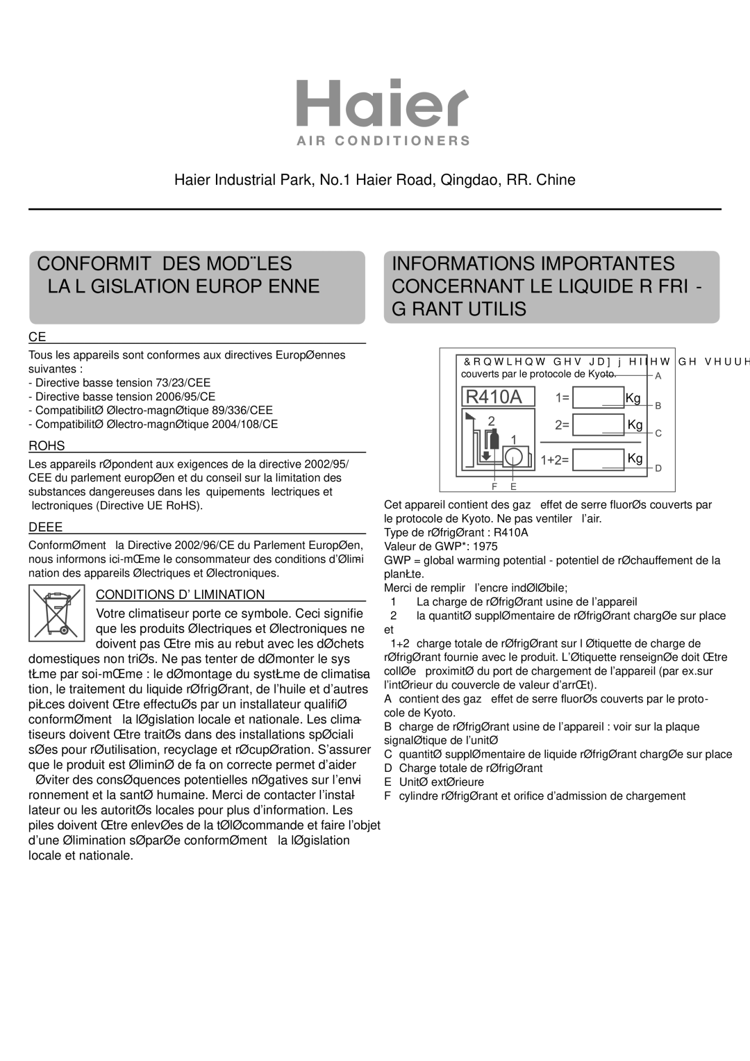 Haier AC24CS1ERA, AC18CS1ERA, AC12CS1ERA operation manual Conformité DES Modèles LA Législation Européenne 