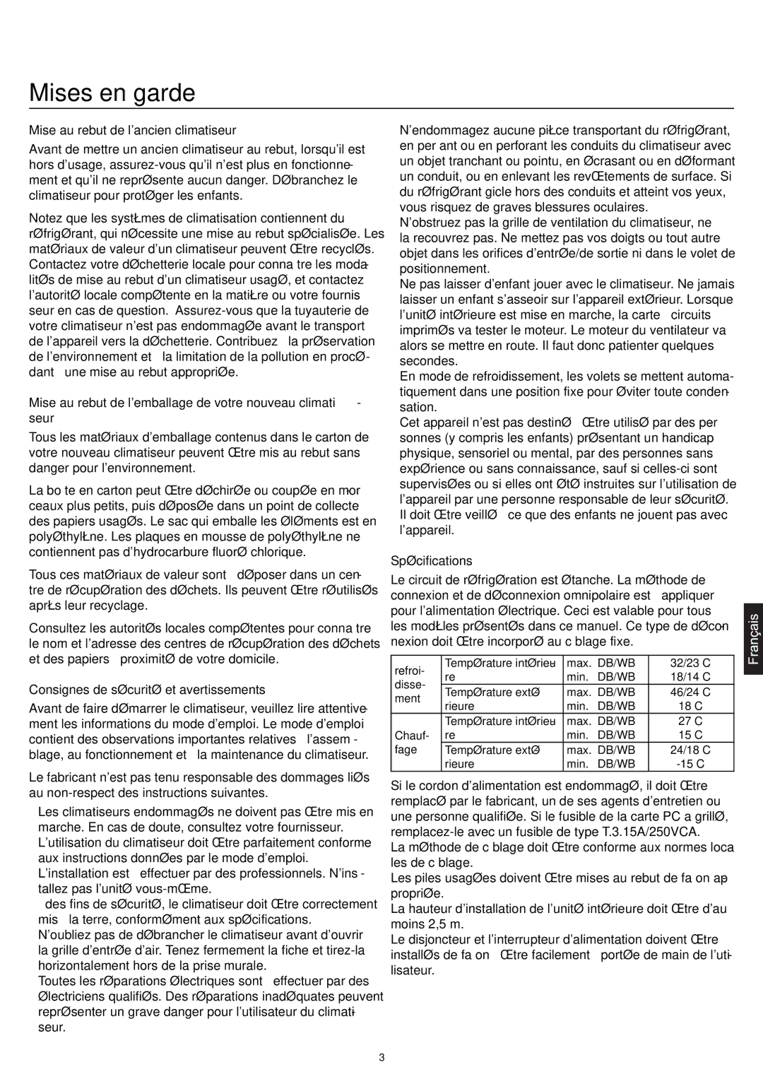 Haier AC12CS1ERA, AC18CS1ERA Mises en garde, Mise au rebut de lancien climatiseur, Consignes de sécurité et avertissements 