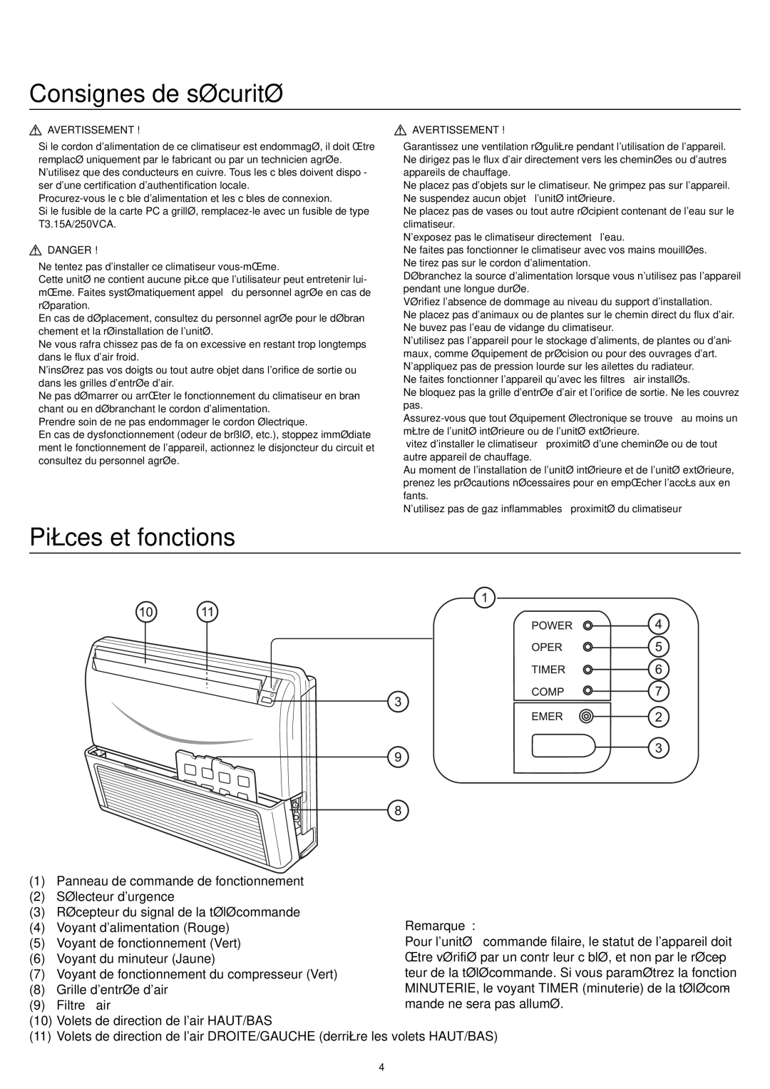 Haier AC18CS1ERA, AC24CS1ERA, AC12CS1ERA operation manual Consignes de sécurité, Pièces et fonctions, Remarque 