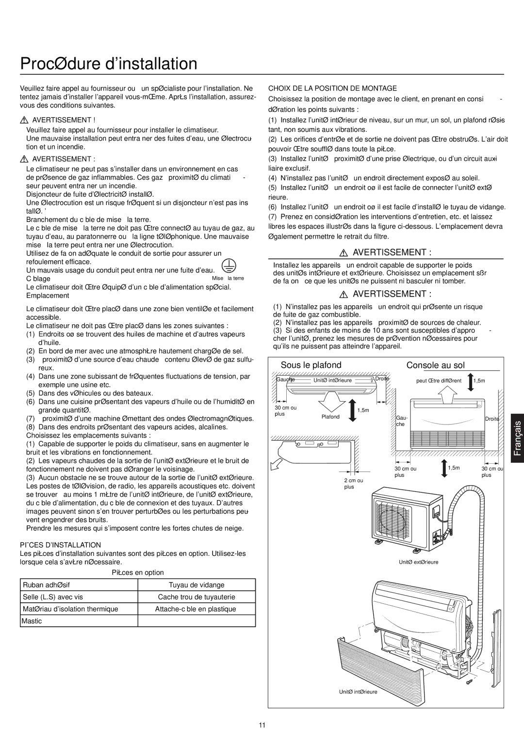 Haier AC24CS1ERA, AC18CS1ERA, AC12CS1ERA Procédure dinstallation, Avertissement, Sous le plafond Console au sol 