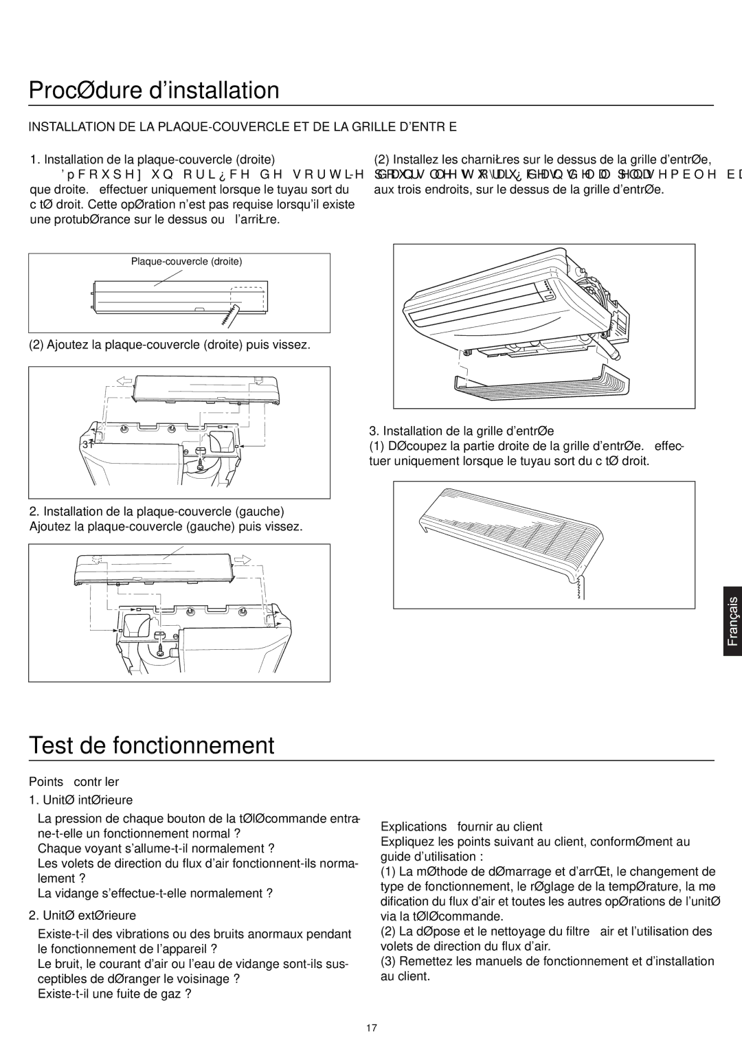 Haier AC24CS1ERA, AC18CS1ERA Test de fonctionnement, Installation DE LA PLAQUE-COUVERCLE ET DE LA Grille Dentrée 