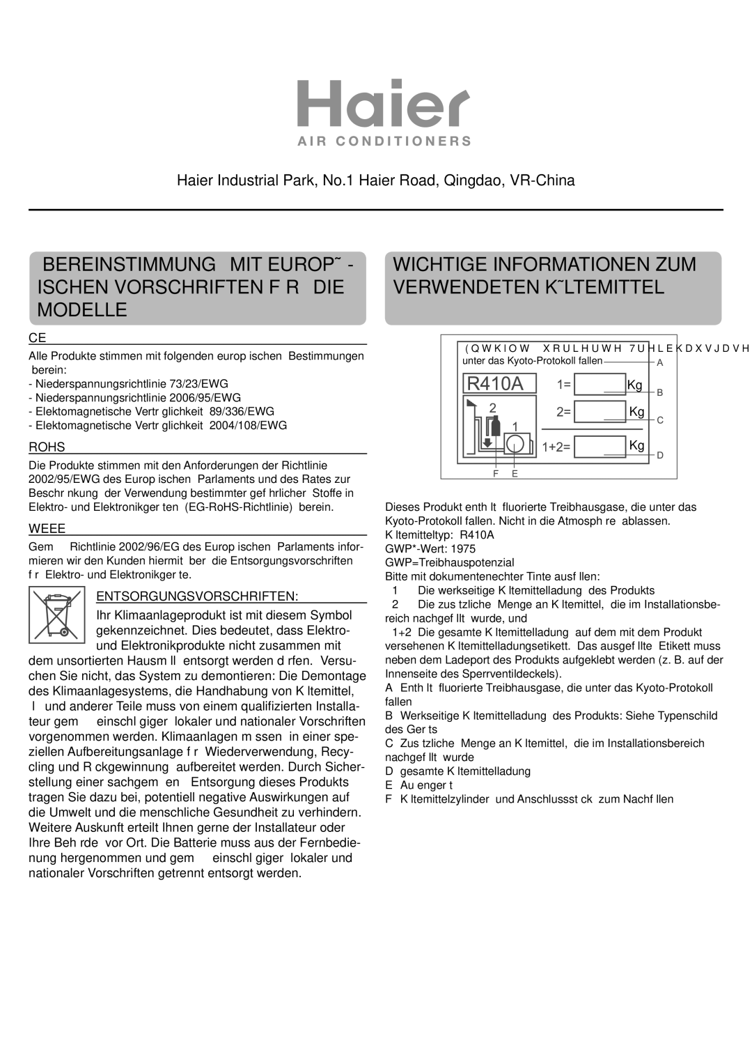 Haier AC18CS1ERA, AC24CS1ERA, AC12CS1ERA operation manual Wichtige Informationen ZUM Verwendeten Kältemittel 