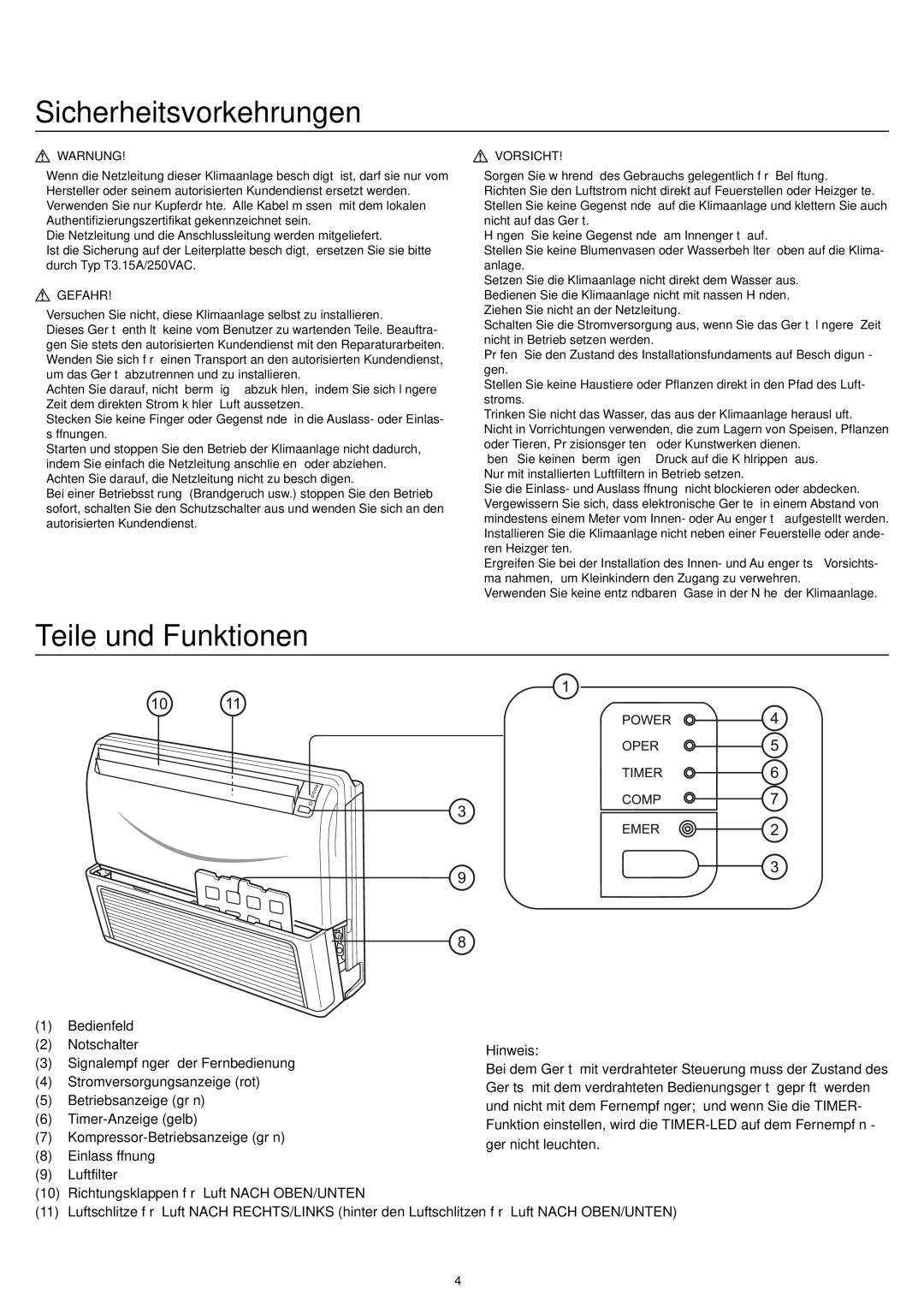 Haier AC12CS1ERA, AC18CS1ERA, AC24CS1ERA operation manual Sicherheitsvorkehrungen, Teile und Funktionen, Hinweis 