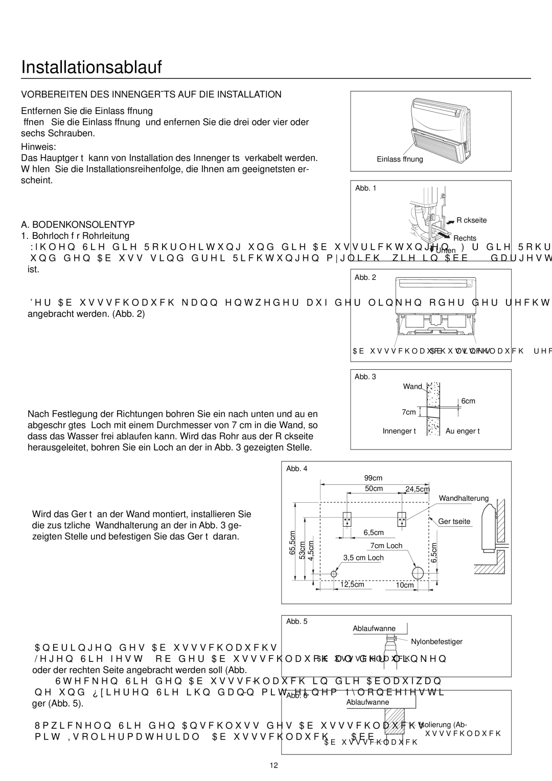 Haier AC24CS1ERA, AC18CS1ERA Hinweis, Bodenkonsolentyp, Bohrloch für Rohrleitung, Anbringen des Abflussschlauchs 