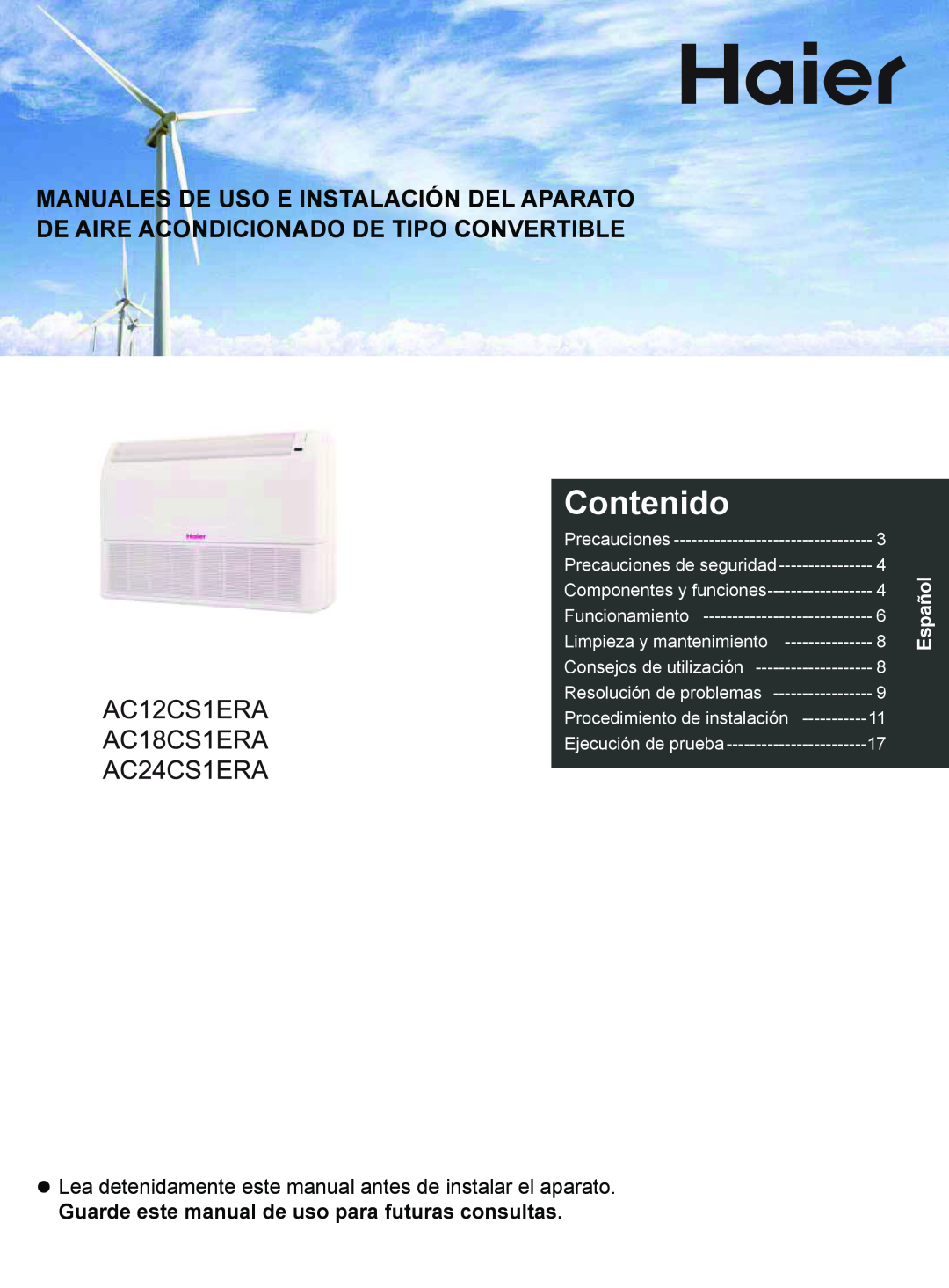 Haier AC12CS1ERA Contenido, Manuales De Uso E Instalación Del Aparato, De Aire Acondicionado De Tipo Convertible, Español 