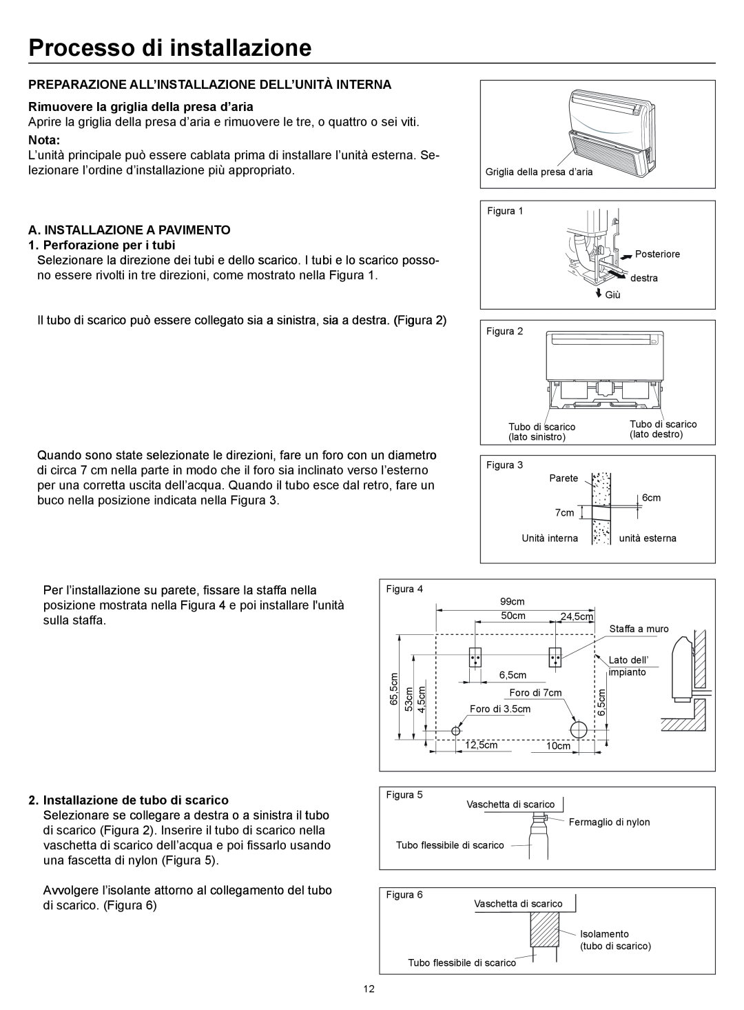 Haier AC18CS1ERA, AC24CS1ERA, AC12CS1ERA operation manual Installazione de tubo di scarico, Processo di installazione, Nota 