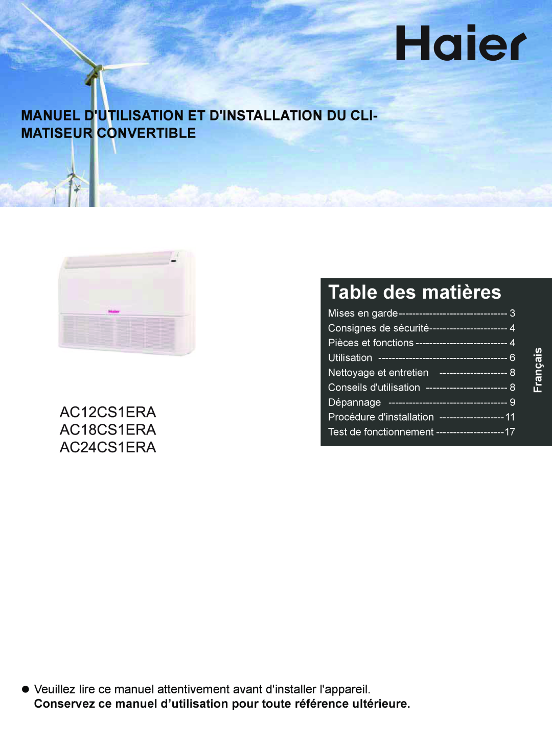 Haier AC18CS1ERA Table des matières, Manuel Dutilisation Et Dinstallation Du Cli, Matiseur Convertible, Français 