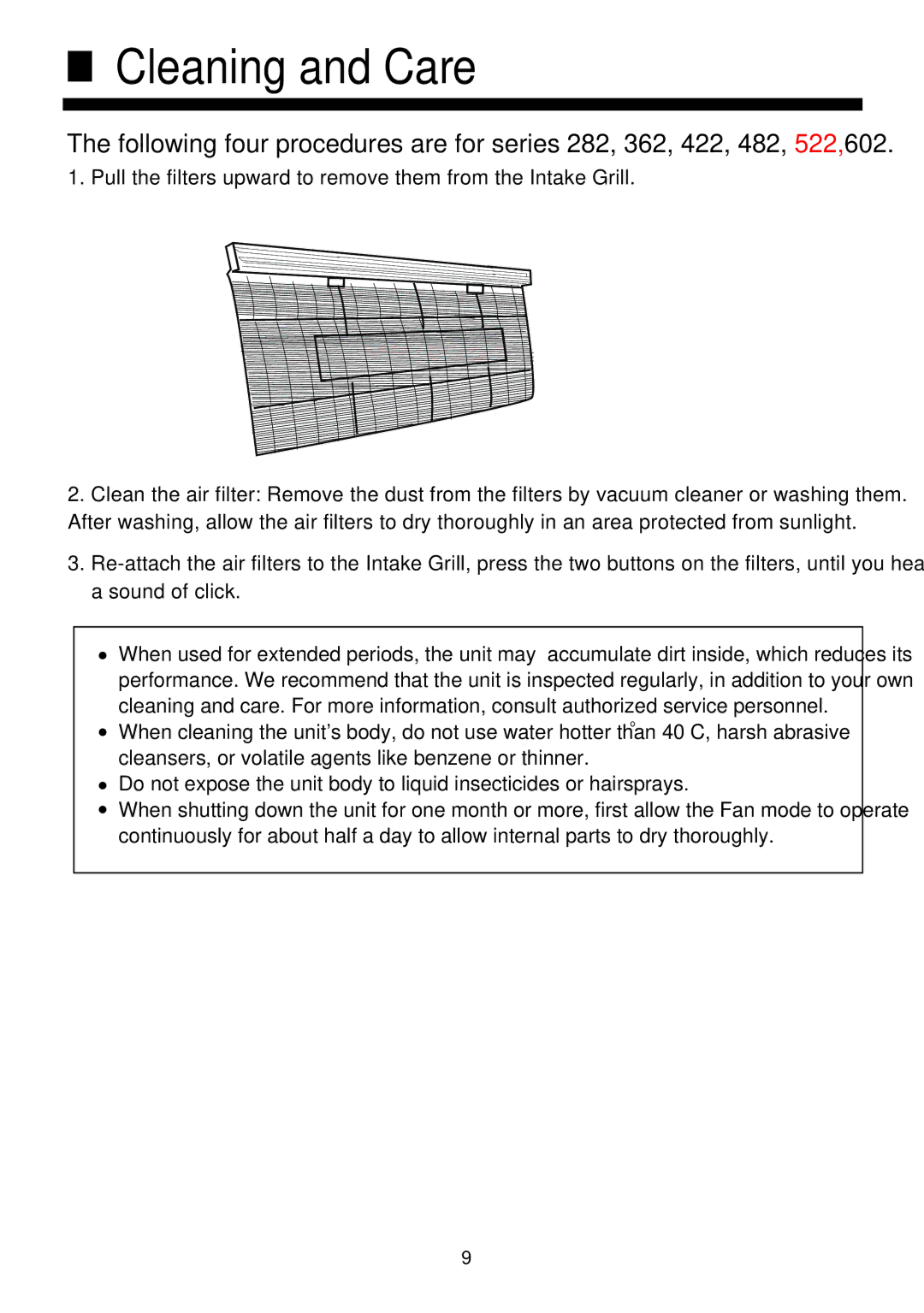 Haier AC422AFERA installation manual Cleaning and Care 