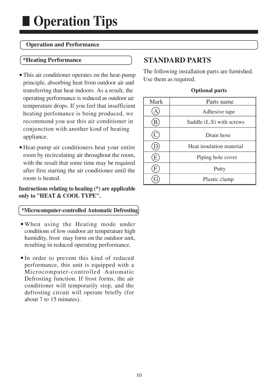 Haier AC422AFERA installation manual Operation Tips, Operation and Performance Heating Performance 