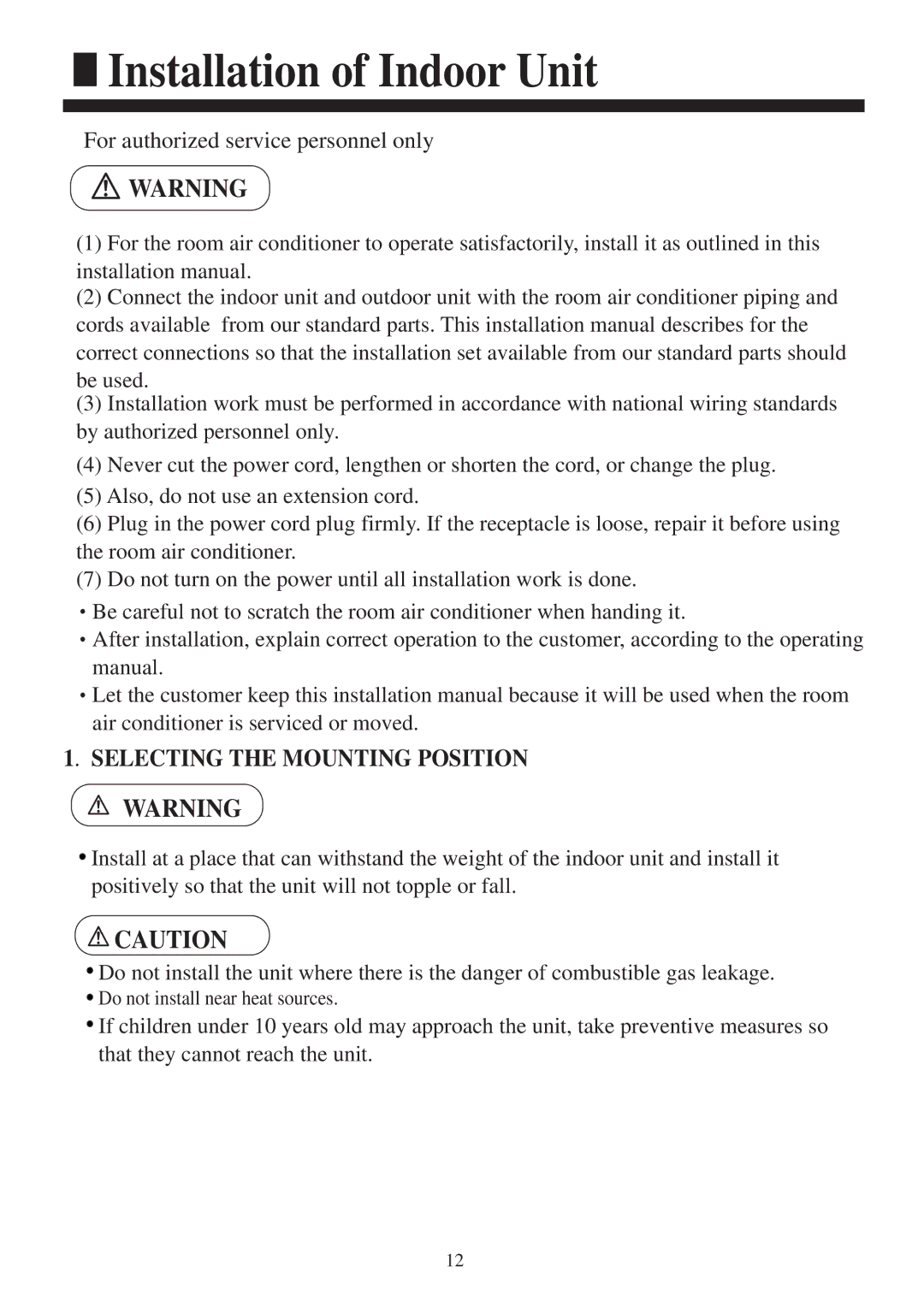 Haier AC422AFERA installation manual Selecting the Mounting Position 