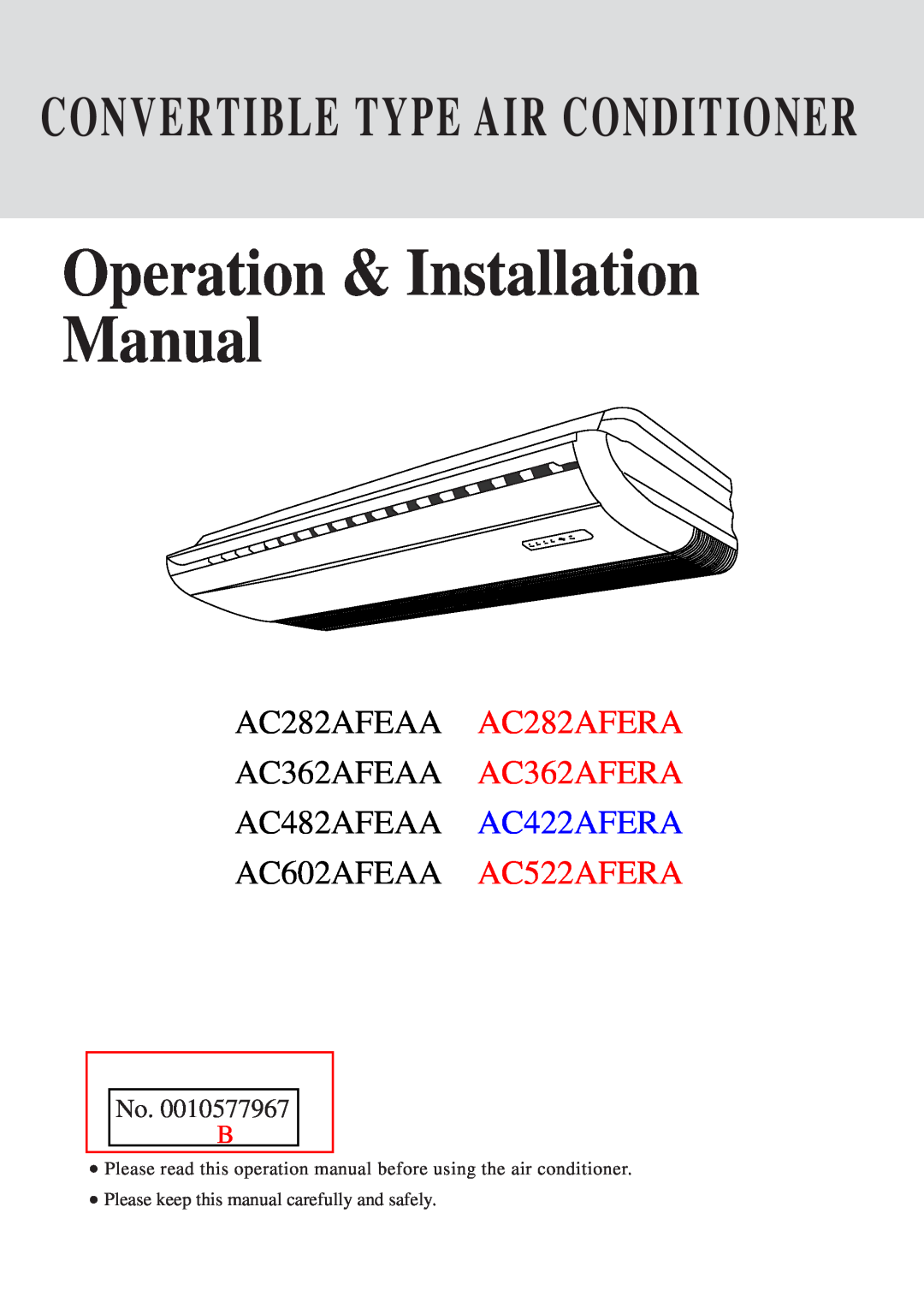 Haier AC422AFERA installation manual Operation & Installation Manual, Convertible Type Air Conditioner 