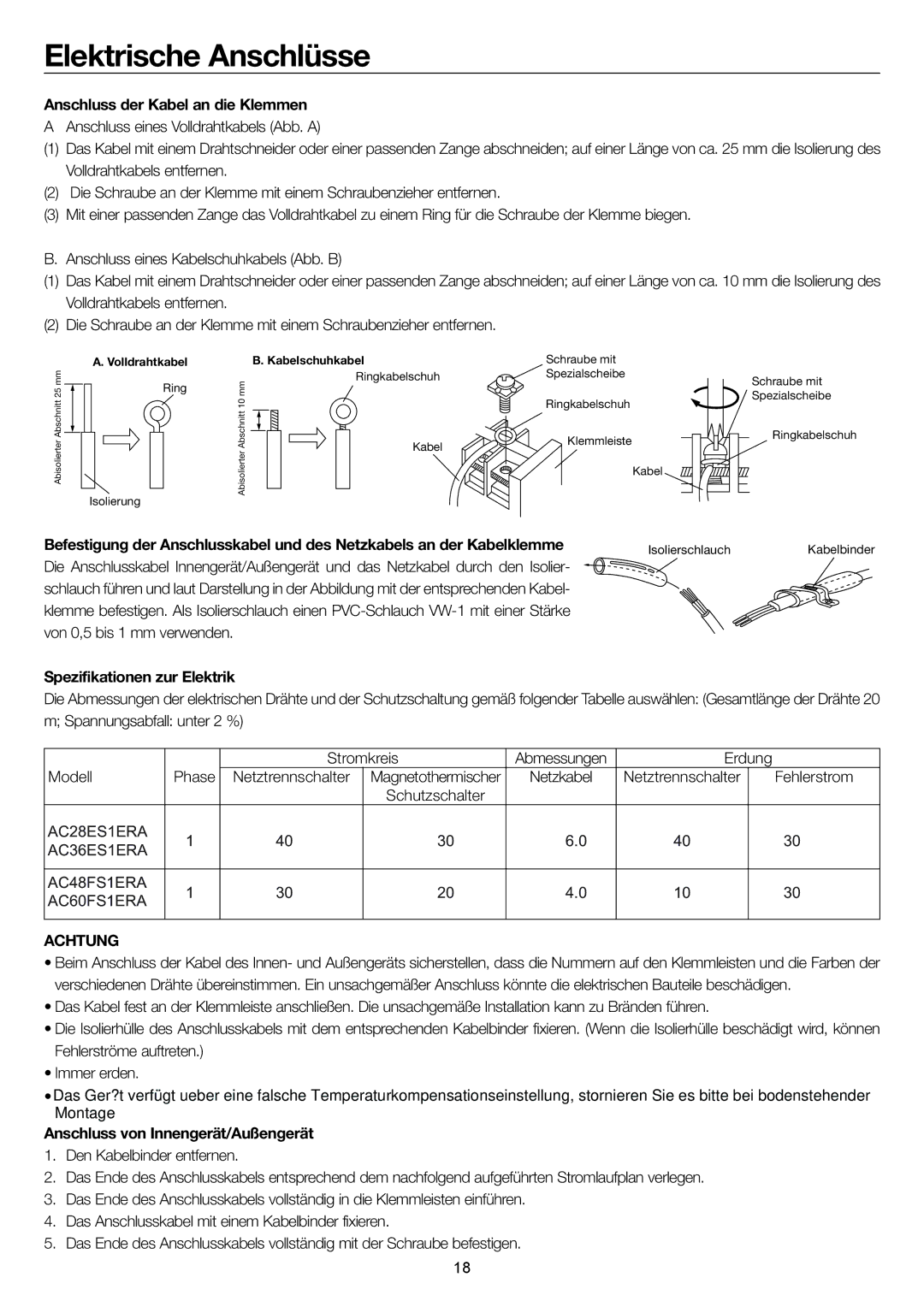 Haier AC60FS1ERA, AC48FS1ERA Elektrische Anschlüsse, Anschluss der Kabel an die Klemmen, Spezifikationen zur Elektrik 