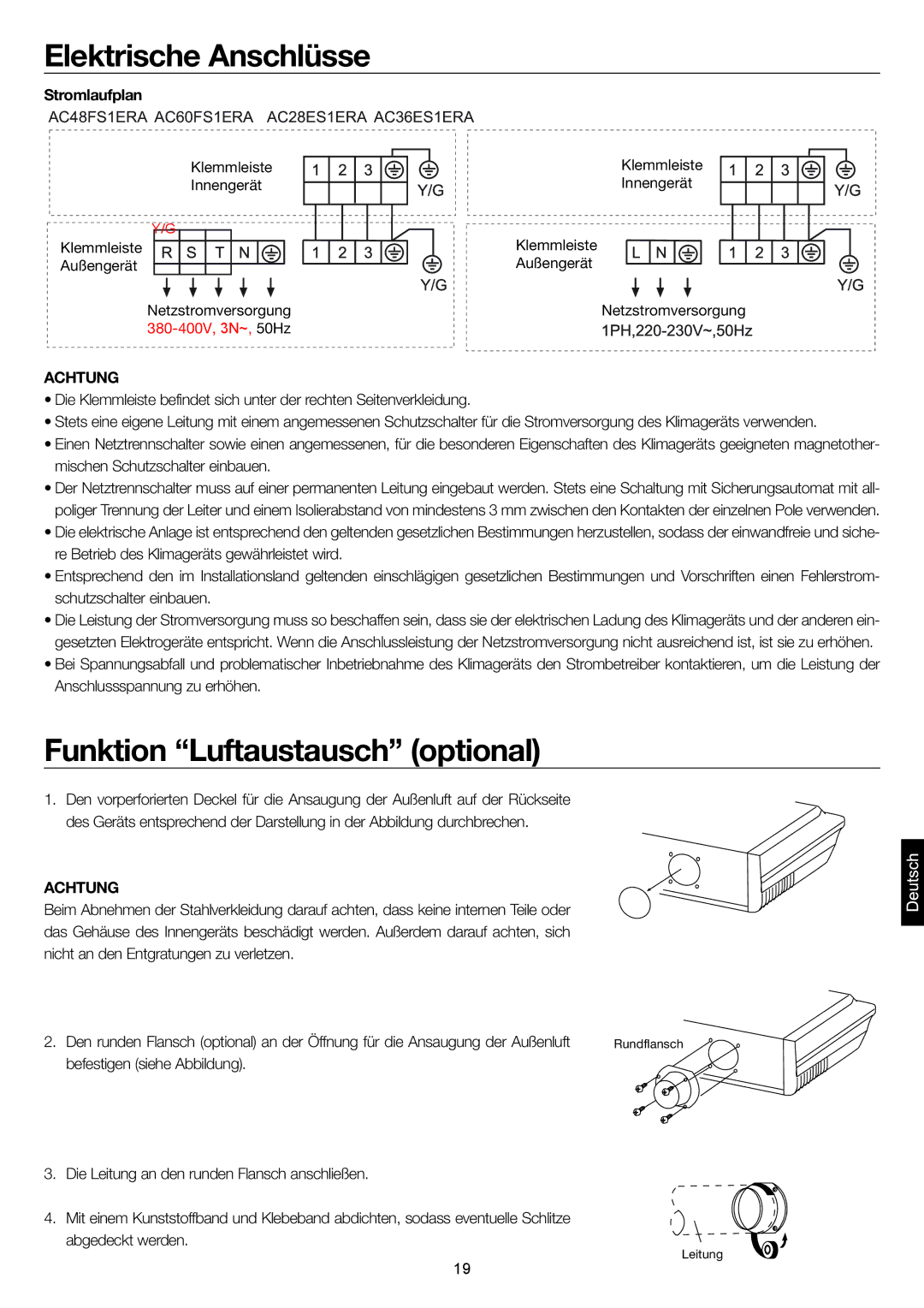 Haier AC28ES1ERA Funktion Luftaustausch optional, Stromlaufplan, Klemmleiste Innengerät Außengerät Netzstromversorgung 