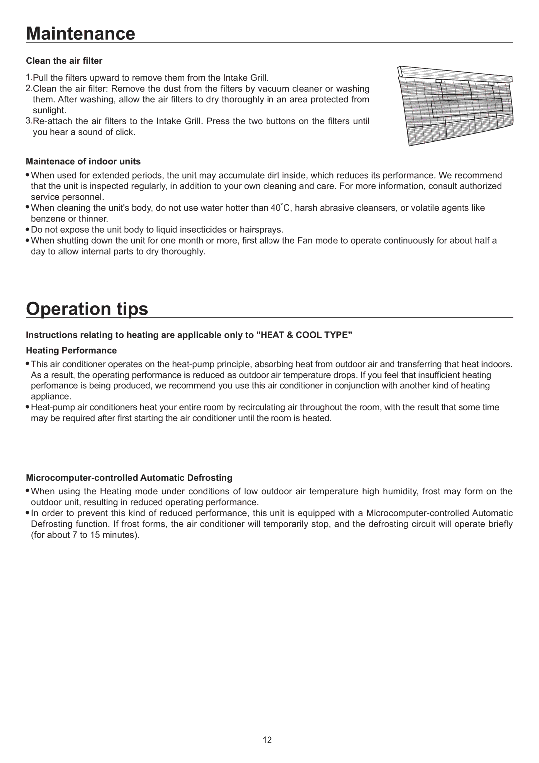 Haier AC60FS1ERA Clean the air filter, Maintenace of indoor units, Microcomputer-controlled Automatic Defrosting 