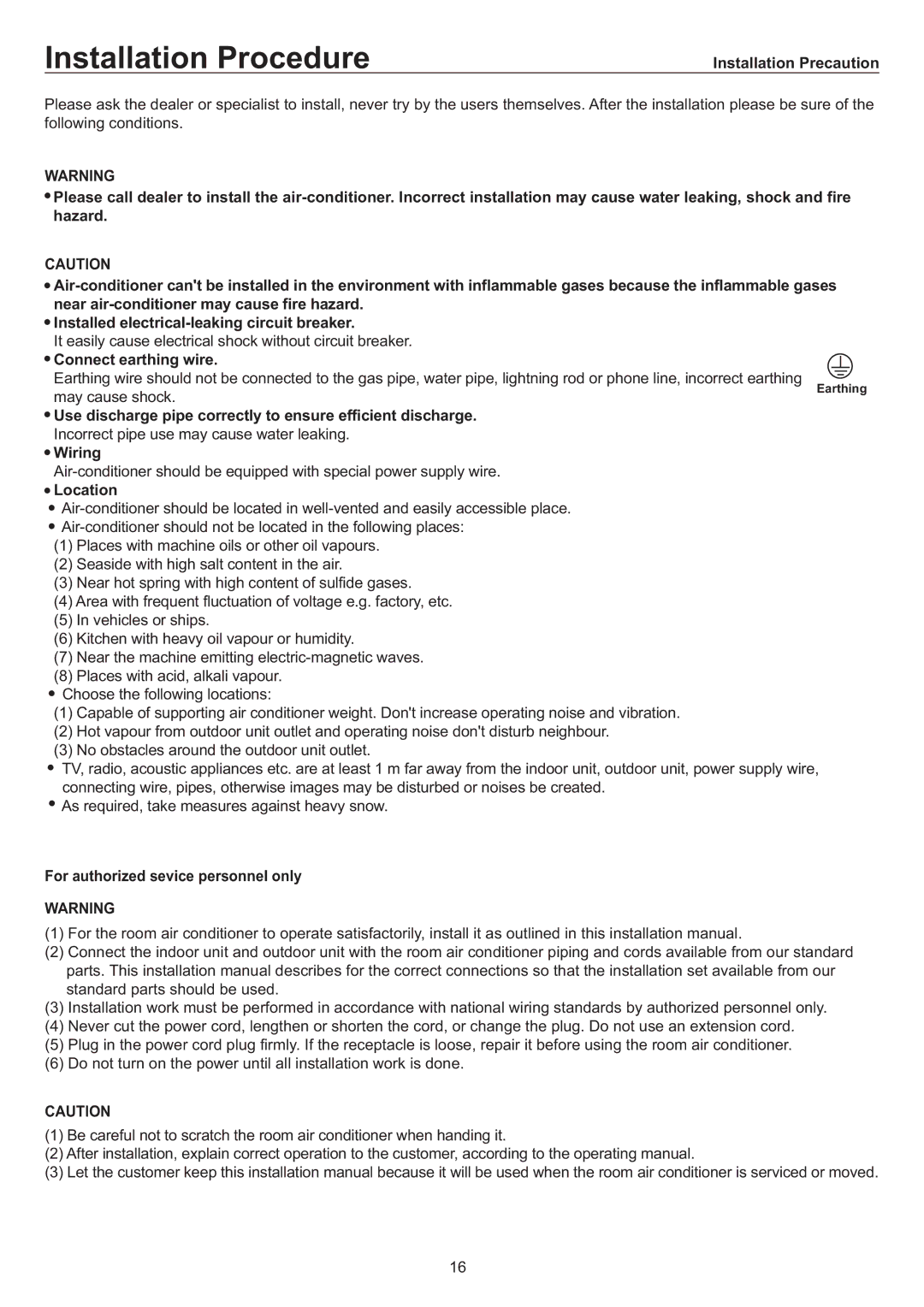 Haier AC60FS1ERA Installation Precaution, Connect earthing wire, Wiring, Location, For authorized sevice personnel only 