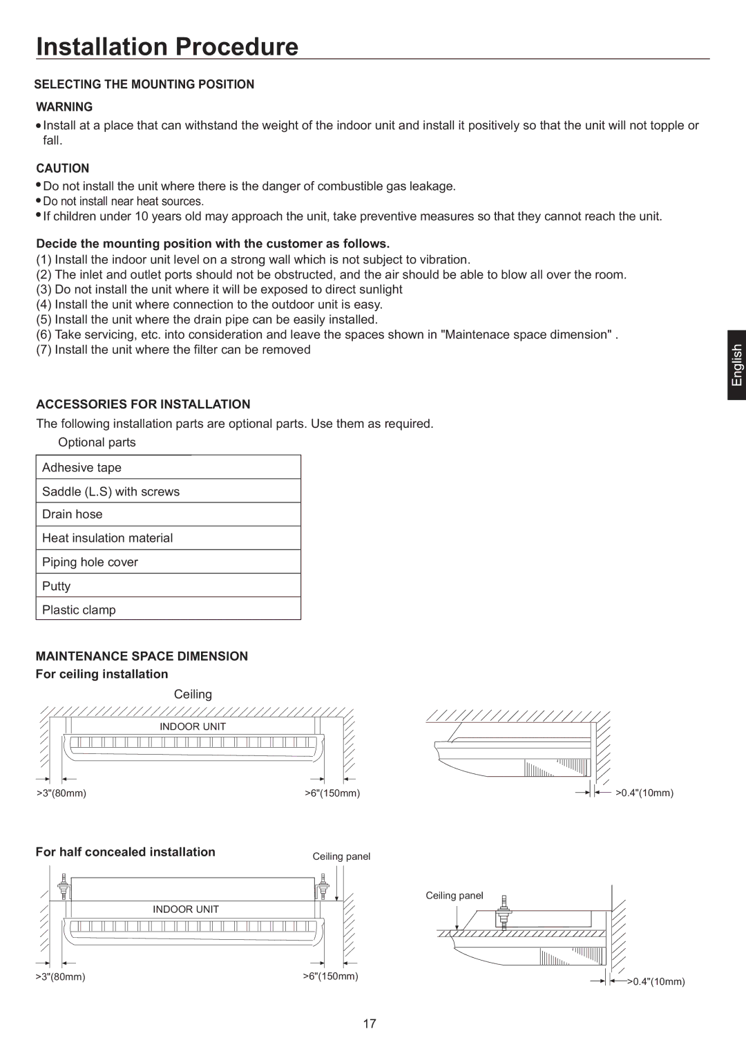 Haier AC28ES1ERA, AC48FS1ERA Decide the mounting position with the customer as follows, For ceiling installation 