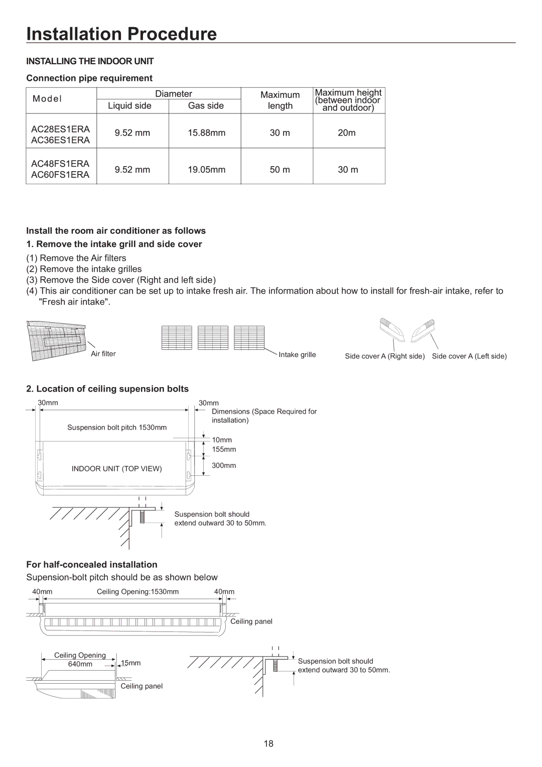 Haier AC48FS1ERA, AC36ES1ERA, AC60FS1ERA, AC28ES1ERA Location of ceiling supension bolts, For half-concealed installation 