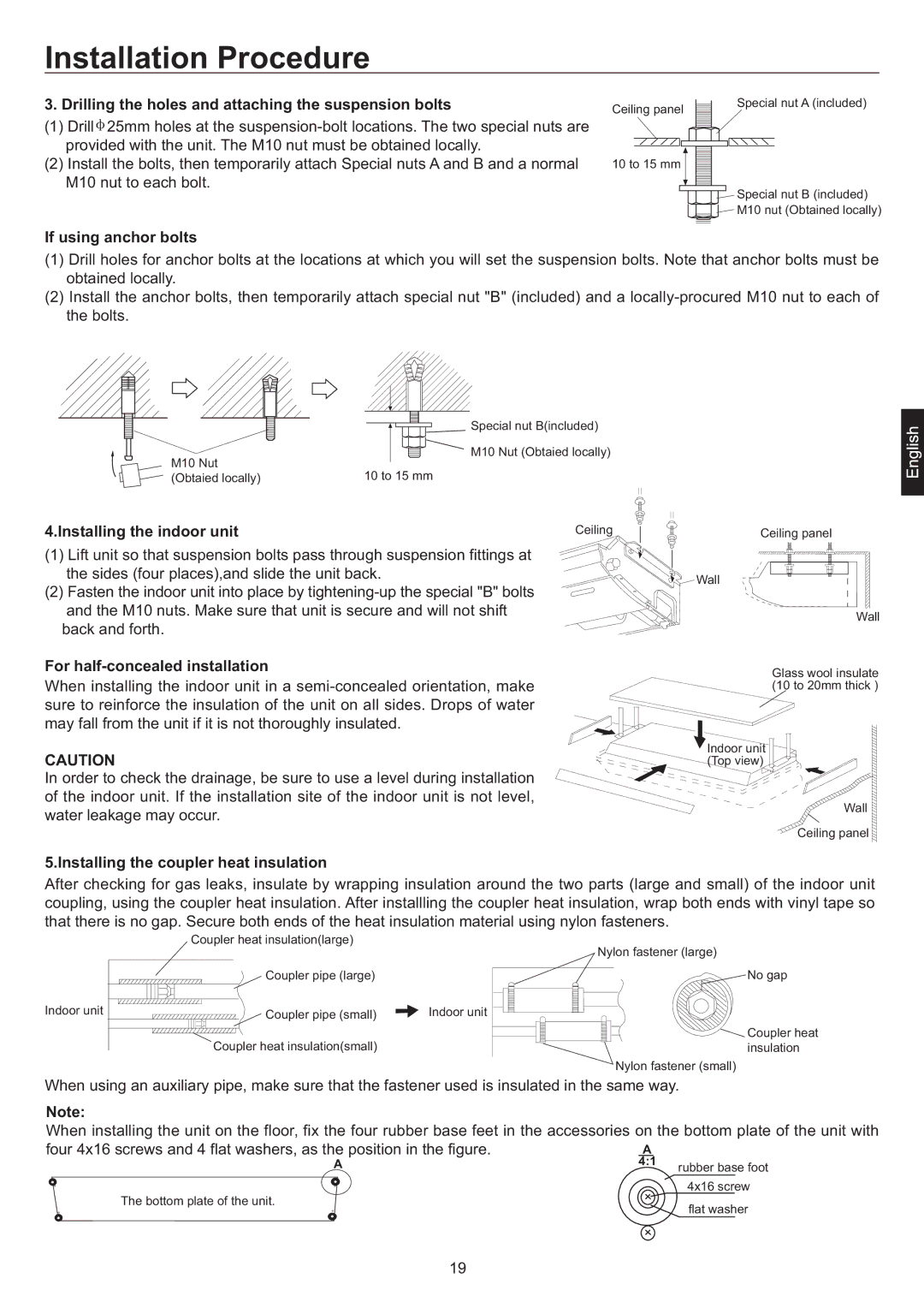 Haier AC36ES1ERA Drilling the holes and attaching the suspension bolts, If using anchor bolts, Installing the indoor unit 