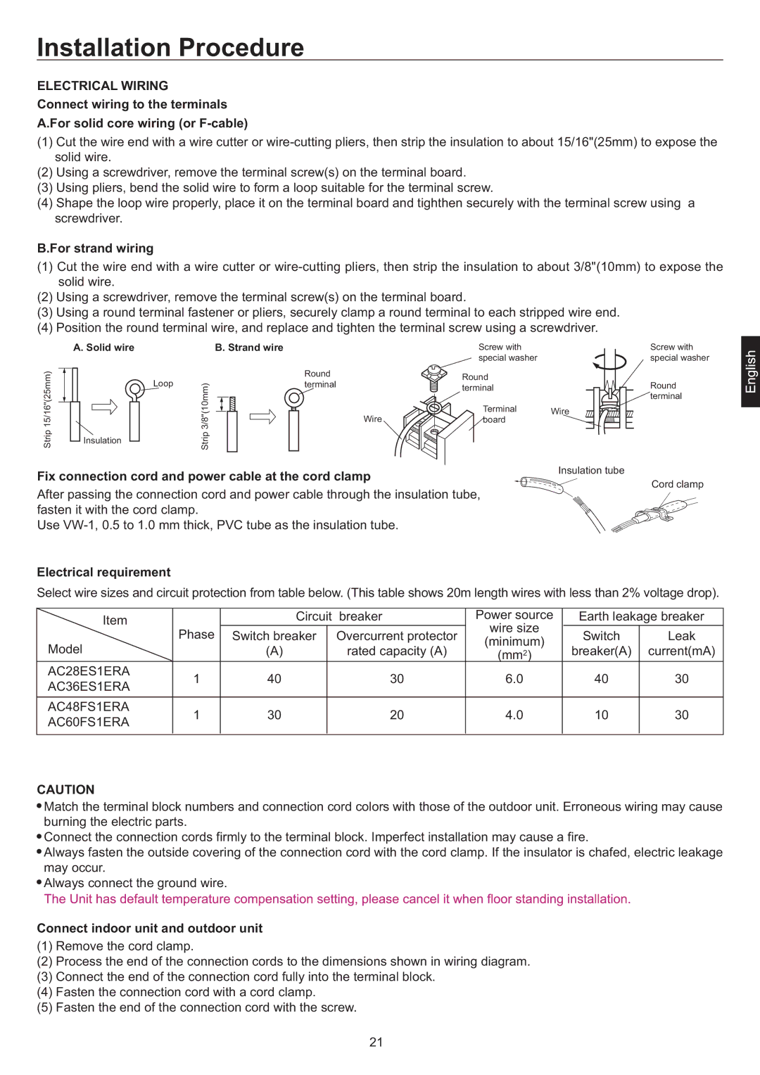 Haier AC28ES1ERA For strand wiring, Fix connection cord and power cable at the cord clamp, Electrical requirement 