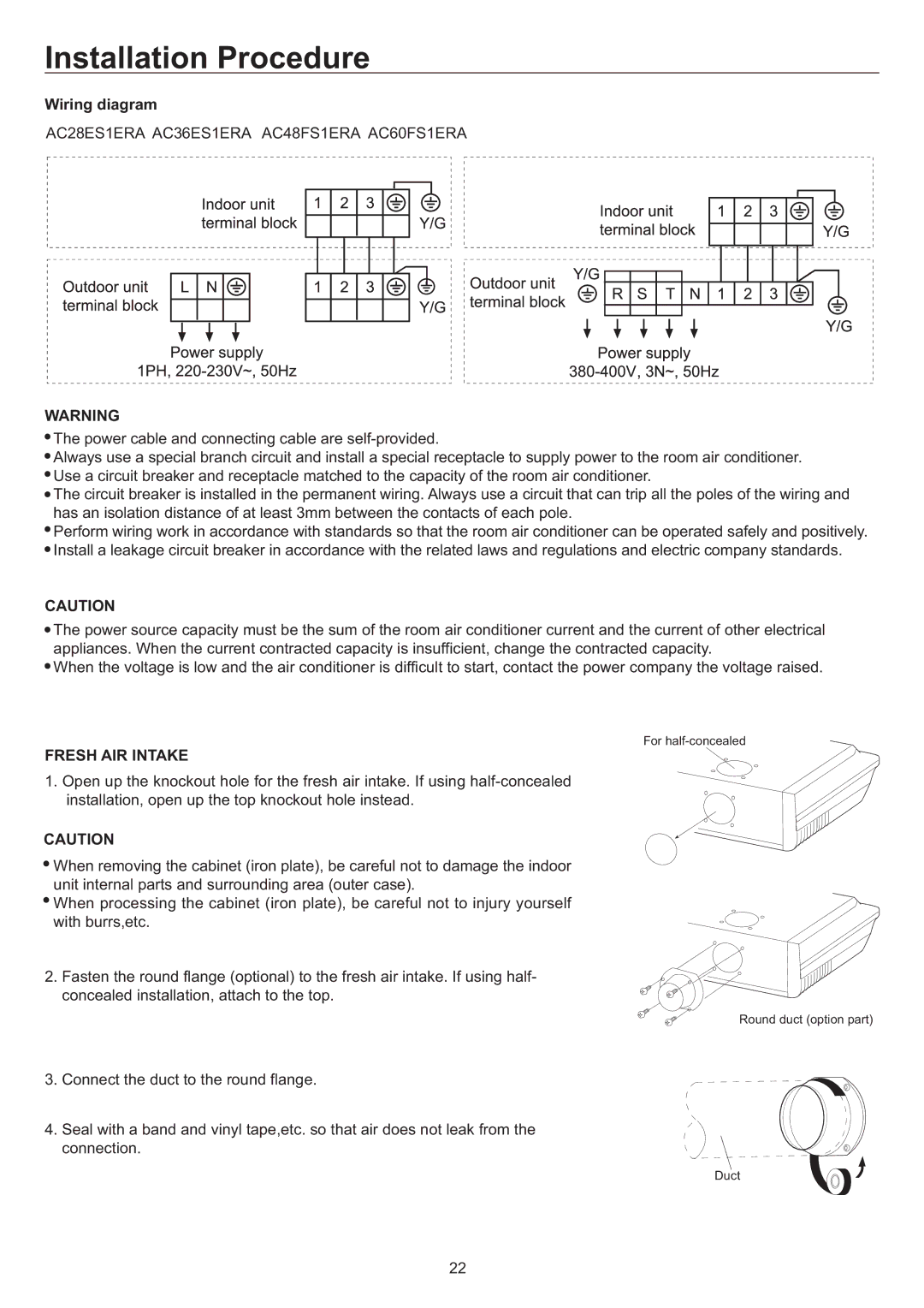 Haier AC48FS1ERA, AC36ES1ERA, AC60FS1ERA, AC28ES1ERA operation manual Wiring diagram, Fresh AIR Intake 