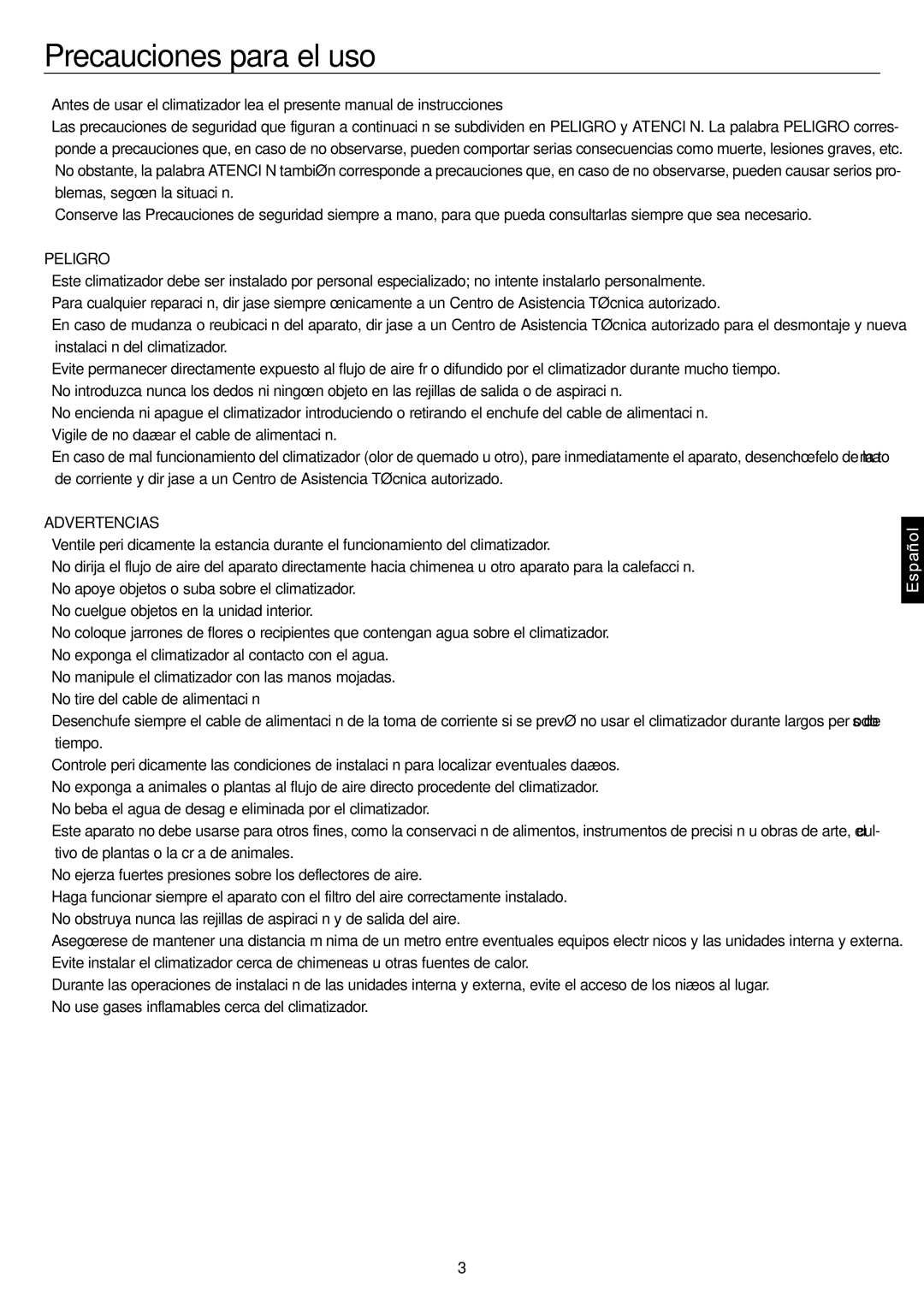 Haier AC36ES1ERA, AC48FS1ERA, AC60FS1ERA, AC28ES1ERA operation manual Precauciones para el uso, Peligro, Advertencias 