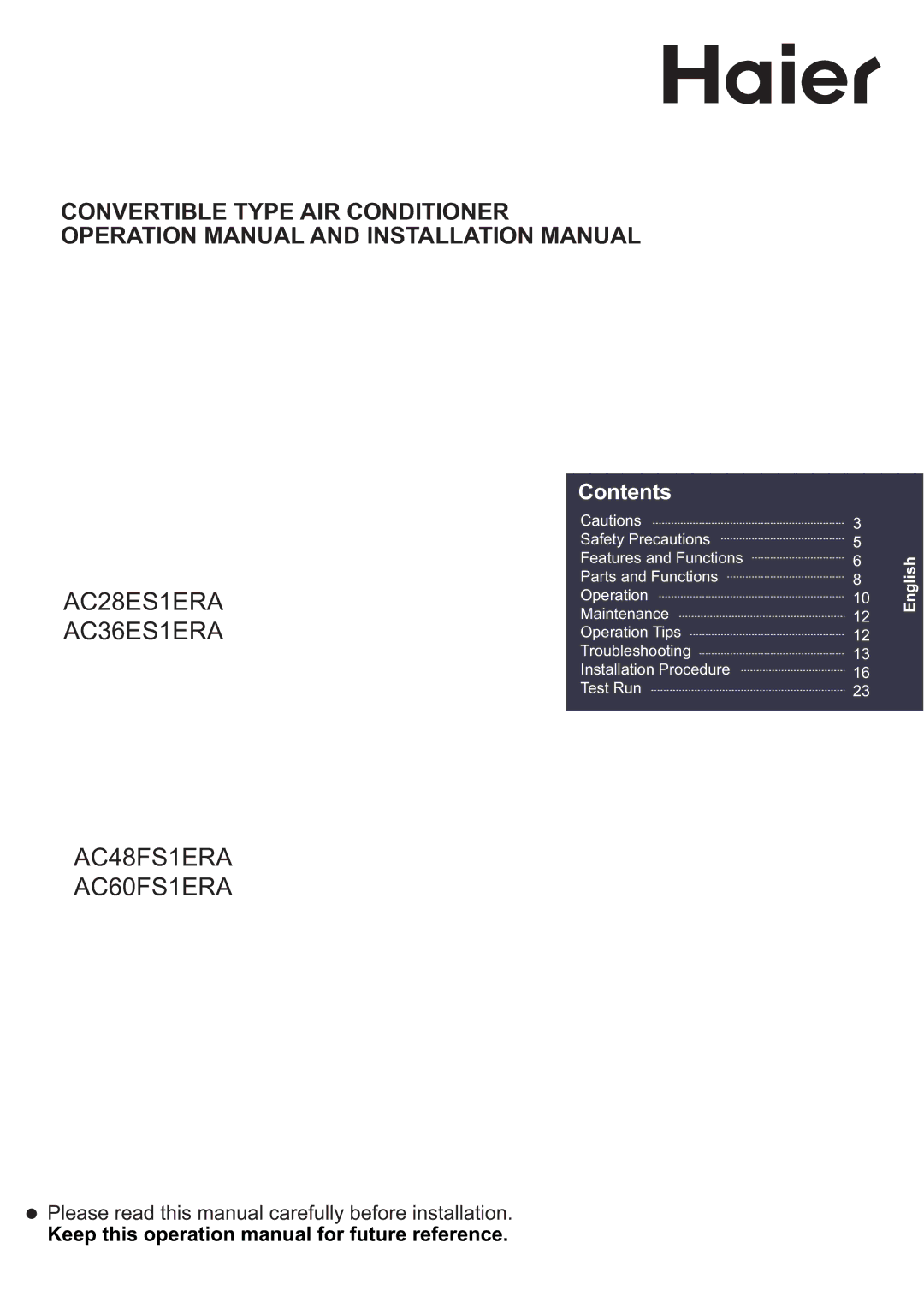 Haier AC28ES1ERA, AC48FS1ERA, AC36ES1ERA, AC60FS1ERA operation manual Contents 