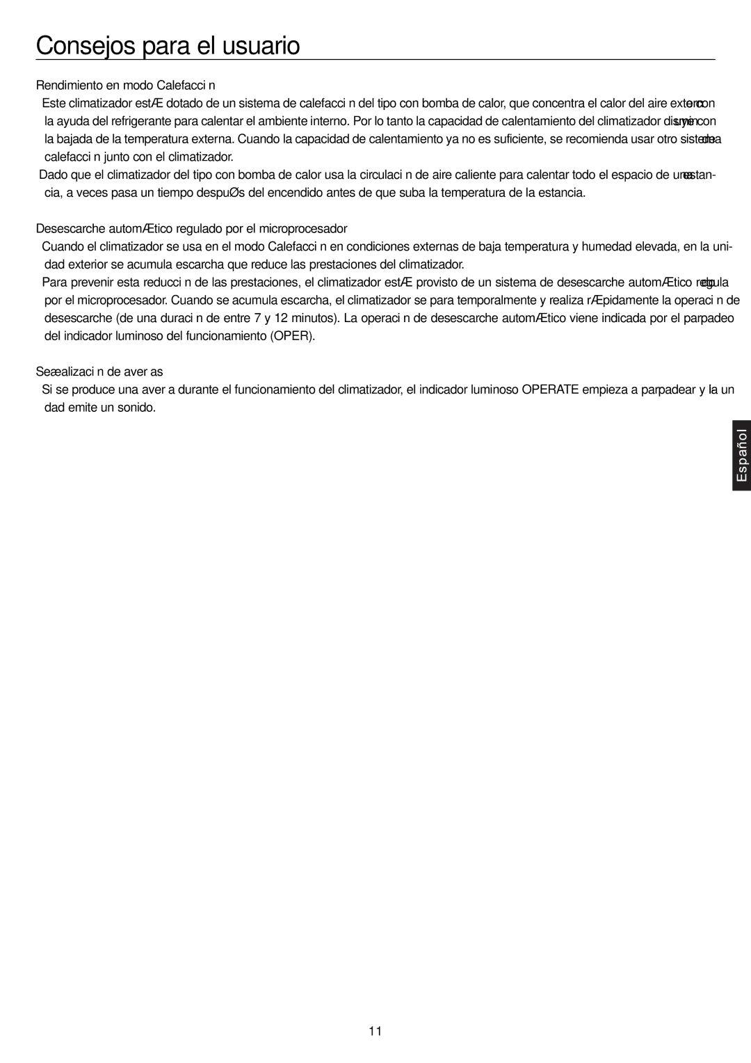 Haier AC36ES1ERA, AC48FS1ERA, AC60FS1ERA Consejos para el usuario, Rendimiento en modo Calefacción, Señalización de averías 