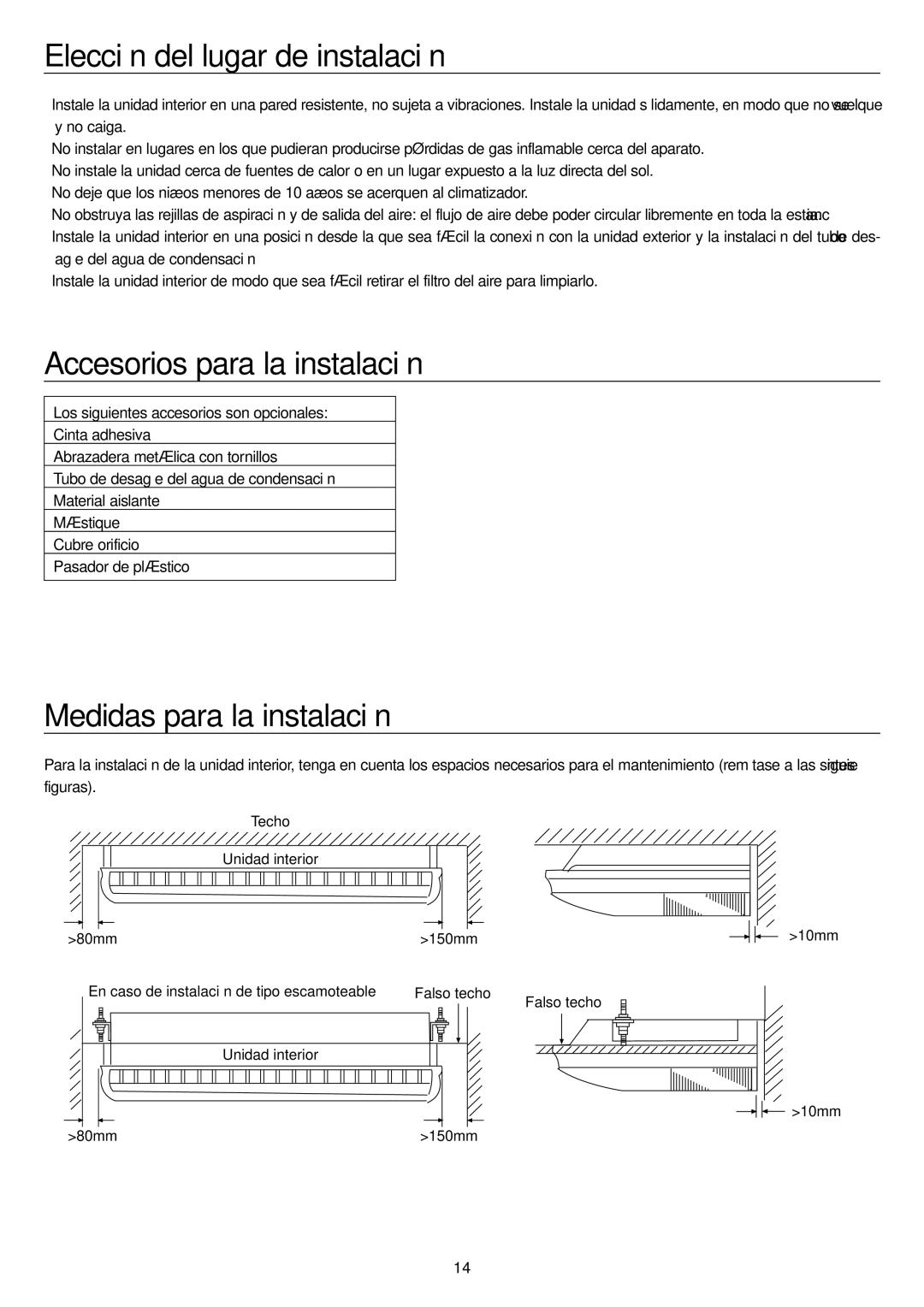 Haier AC48FS1ERA Elección del lugar de instalación, Accesorios para la instalación, Medidas para la instalación 