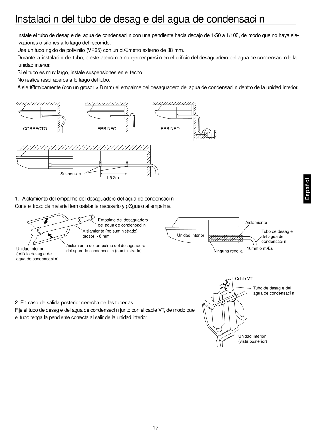 Haier AC28ES1ERA, AC48FS1ERA, AC36ES1ERA, AC60FS1ERA operation manual Instalación del tubo de desagüe del agua de condensación 