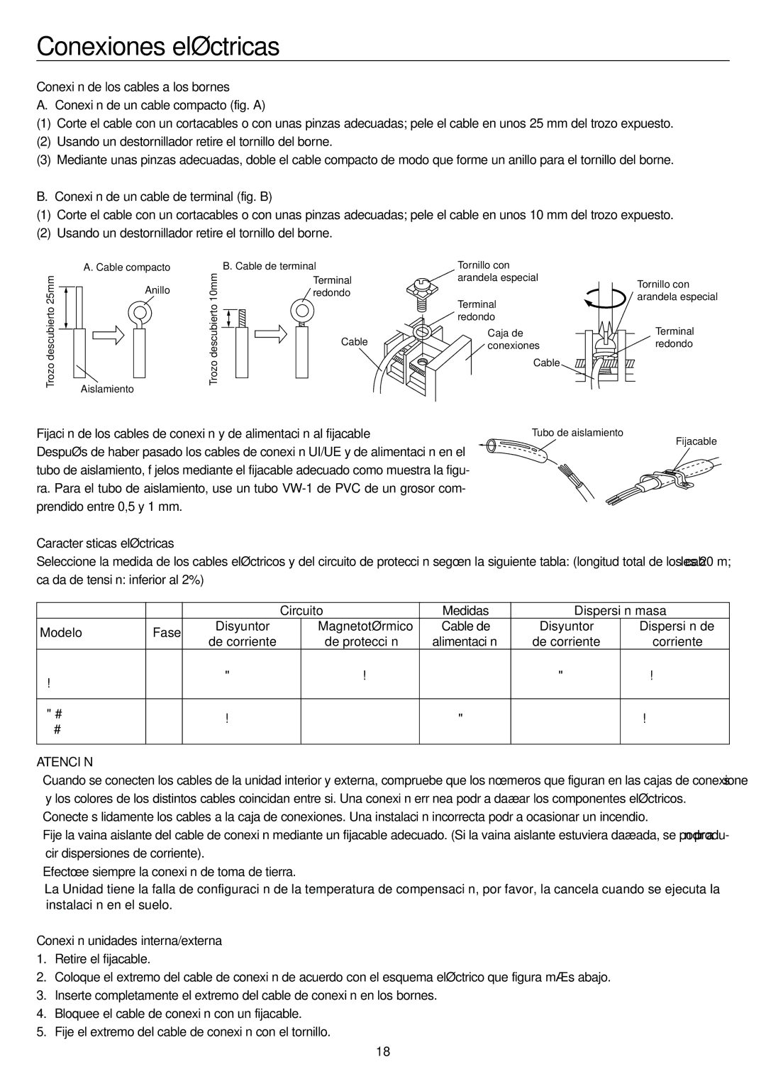 Haier AC48FS1ERA, AC36ES1ERA Conexiones eléctricas, Conexión de los cables a los bornes, Características eléctricas 